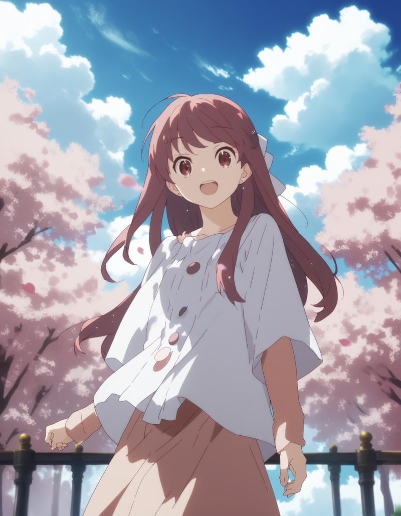 score_9,  score_8_up, score_7_up, source_anime, <lora:rin-ponyxl:0.9> rnshltr,1girl, solo, smile, open mouth, cherry blossoms, sky, day, cloud, blue sky