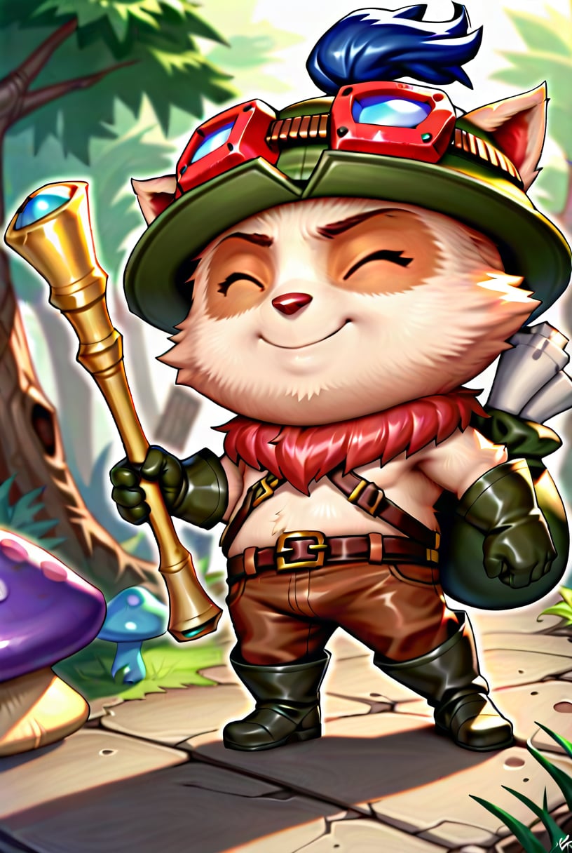 score_9, score_8_up, score_7_up, t33mo, score_9, source_anime, teemo, hat, closed eyes, 1boy, furry, yordle, male focus, goggles, goggles on headwear, brown pants, pants, belt, boots, gloves, green headwear, bag, smile, ^_^, furry male, mushroom, <lora:Teemo_default_v1:1>