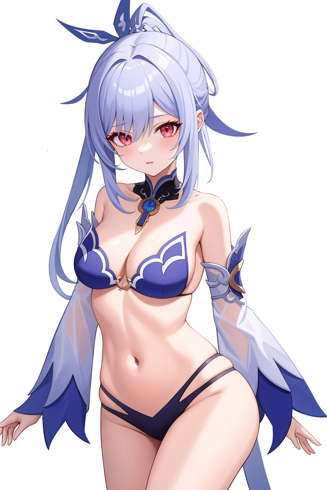 <lora:镜流v4:1:lbw=char>,jingliu,1girl,solo,bangs,bare shoulders,high quality,detached sleeves,cleavage,ponytail,bikini, (masterpiece,best quality:1.2),absurdres, high quality,