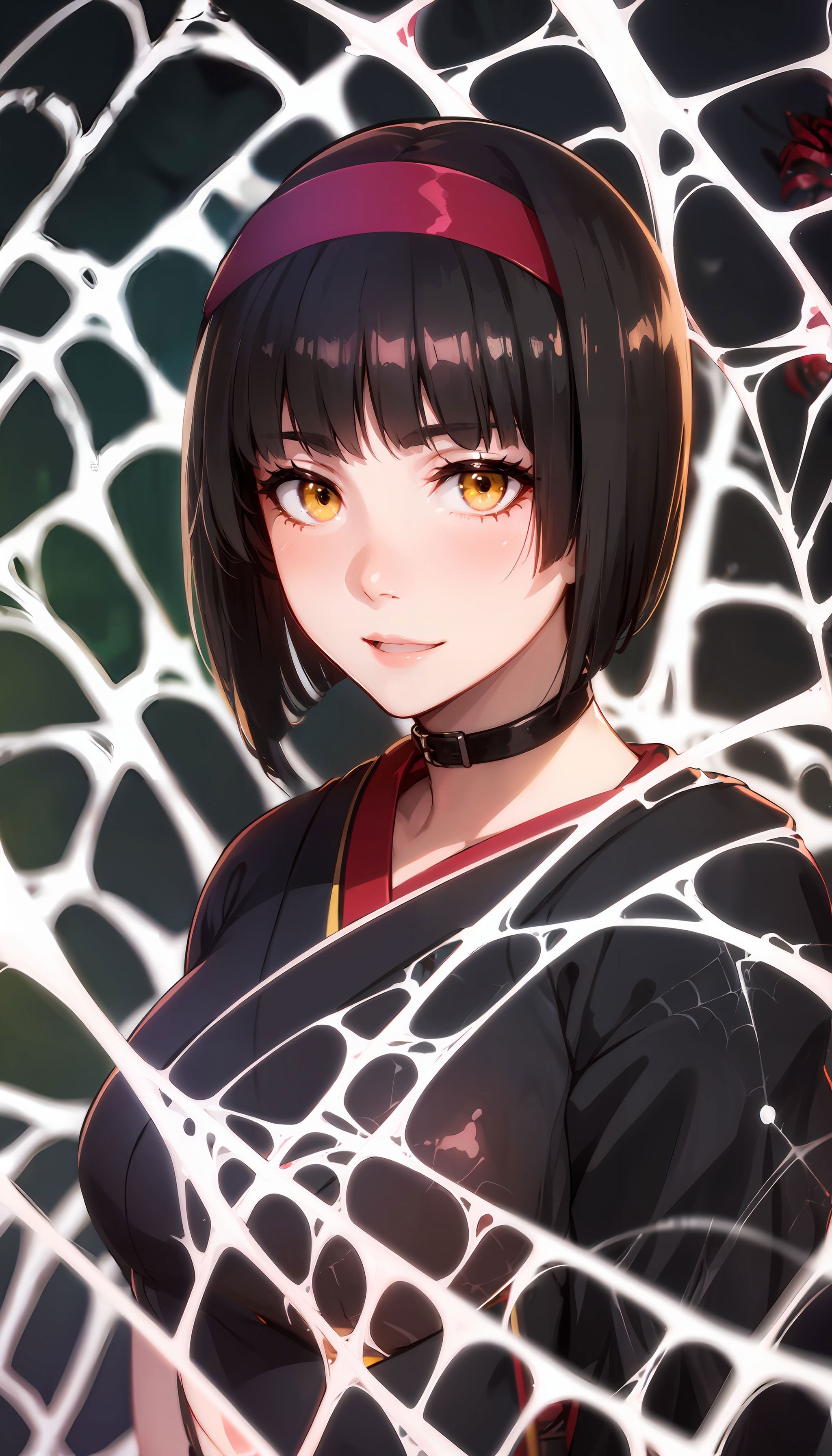 photorealistic, (4k), depth of field, (Masterpiece), (realistic skin texture), extremely detailed, intricate, hyper detailed, high resolution, professional photography, bokeh, sharp detail, best quality, woman, <lora:Mio-000004:0.7> , black hair, short hair, black kimono, pink headdress, frills, yellow eyes, adjusting her collar ,  <lora:GoodHands-beta2:0.8> <lora:BetterFeet:0.8> <lora:detail_slider_v4:0.8> , japanese house, interior, abandoned, (spider web:1.3),  <lora:spider_web_v0.3:0.8> silk, cocoon, spider web,