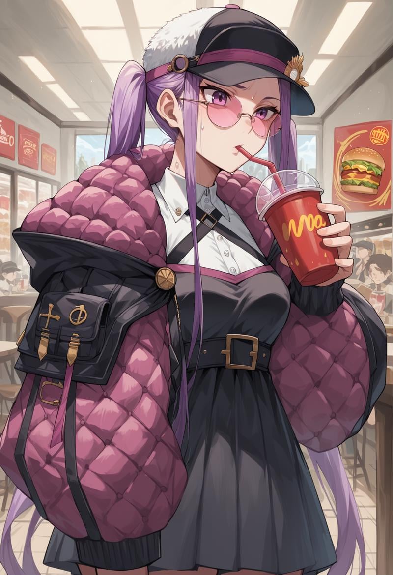 1girl, purple hair, absurdly long hair, purple eyes, twintails, sunglasses, round eyewear, hat, white shirt, dress, miniskirt, pleated skirt, cropped jacket, belt, long sleeves, cross-laced footwear, standing, indoors, mcdonald's, drinking, drinking straw, sweat, looking over eyewear, upper body <lora:Meduseless:1>, score_9, score_8_up, score_7_up, score_6_up, score_5_up, score_4_up, (m-da s-tarou:0), masterpiece