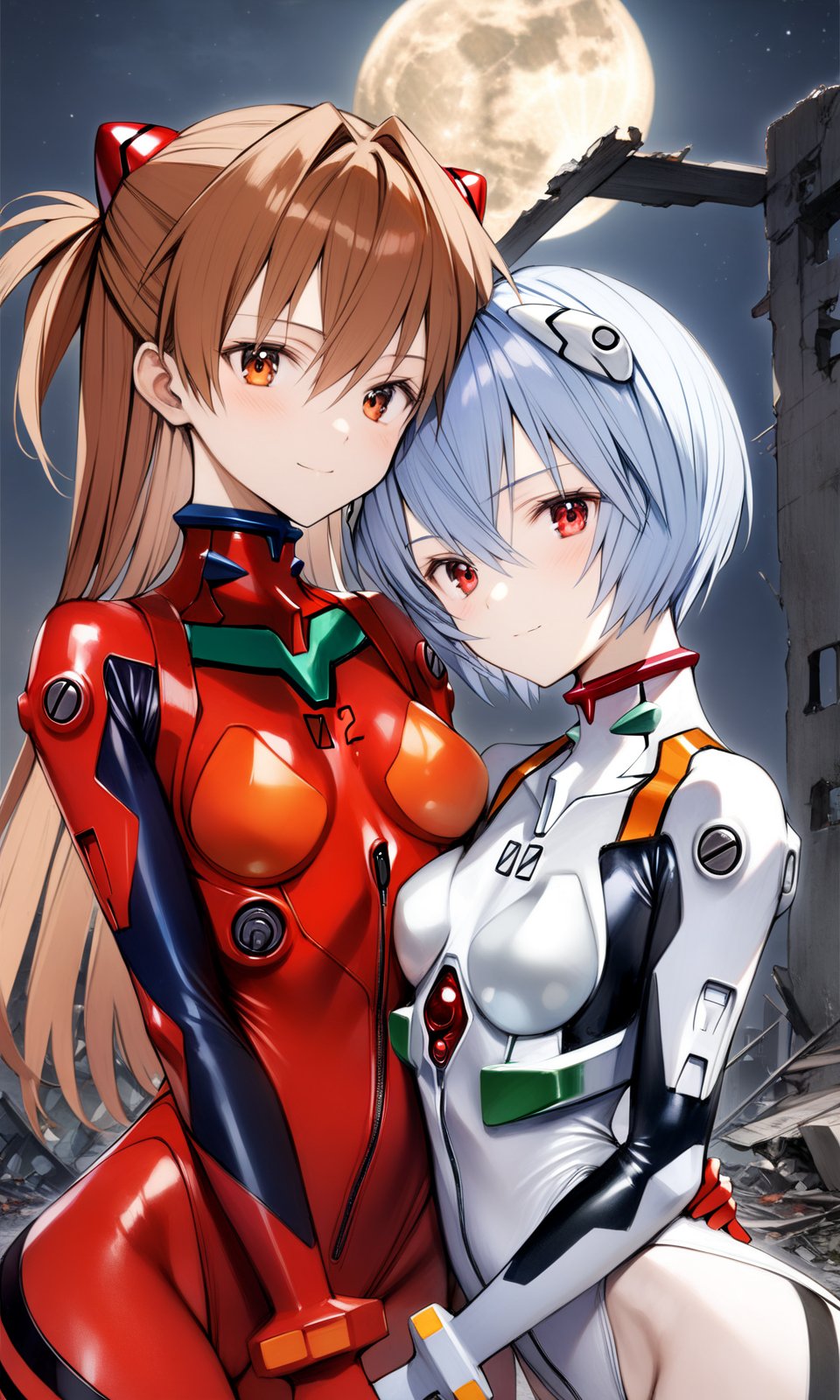 2girls, ayanami rei, souryuu asuka langley, plugsuit, symmetrical docking, looking at viewer, light smile, upper body, outdoors, ruins, night, moon, masterpiece, best quality, very aesthetic, absurdres, nyatabe, <lora:Nyatabe_XL:1> 