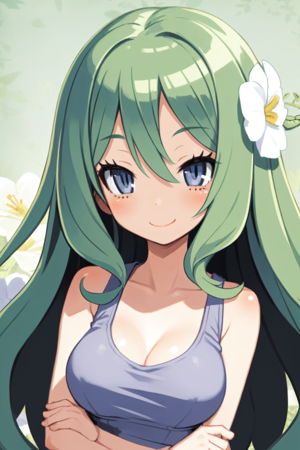 solo, 1girl, victory pose, smile, blush, medium breasts, green hair, hair rings, dark grey eyes, beautiful detailed face, ultra detailed eyes, light blue tank top, frontlighting, Sweet_Pea \\(flower\\), floral background <lora:harada_takehito_Disgaea_style_v01:1>