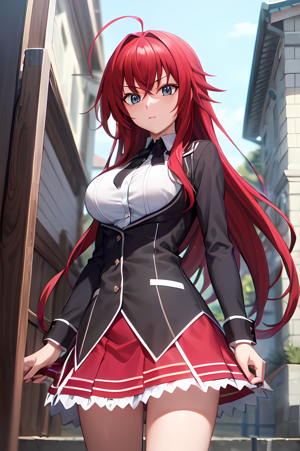 masterpiece, absurdres , (intricate details), (colorful),cinematic lighting,bust shot,extremely detailed CG unity 8k wallpaper, looking at viewer, front view, <lora:riasHSDXD-051:1> riasgremory, ahoge, school uniform, red skirt, black jacket,