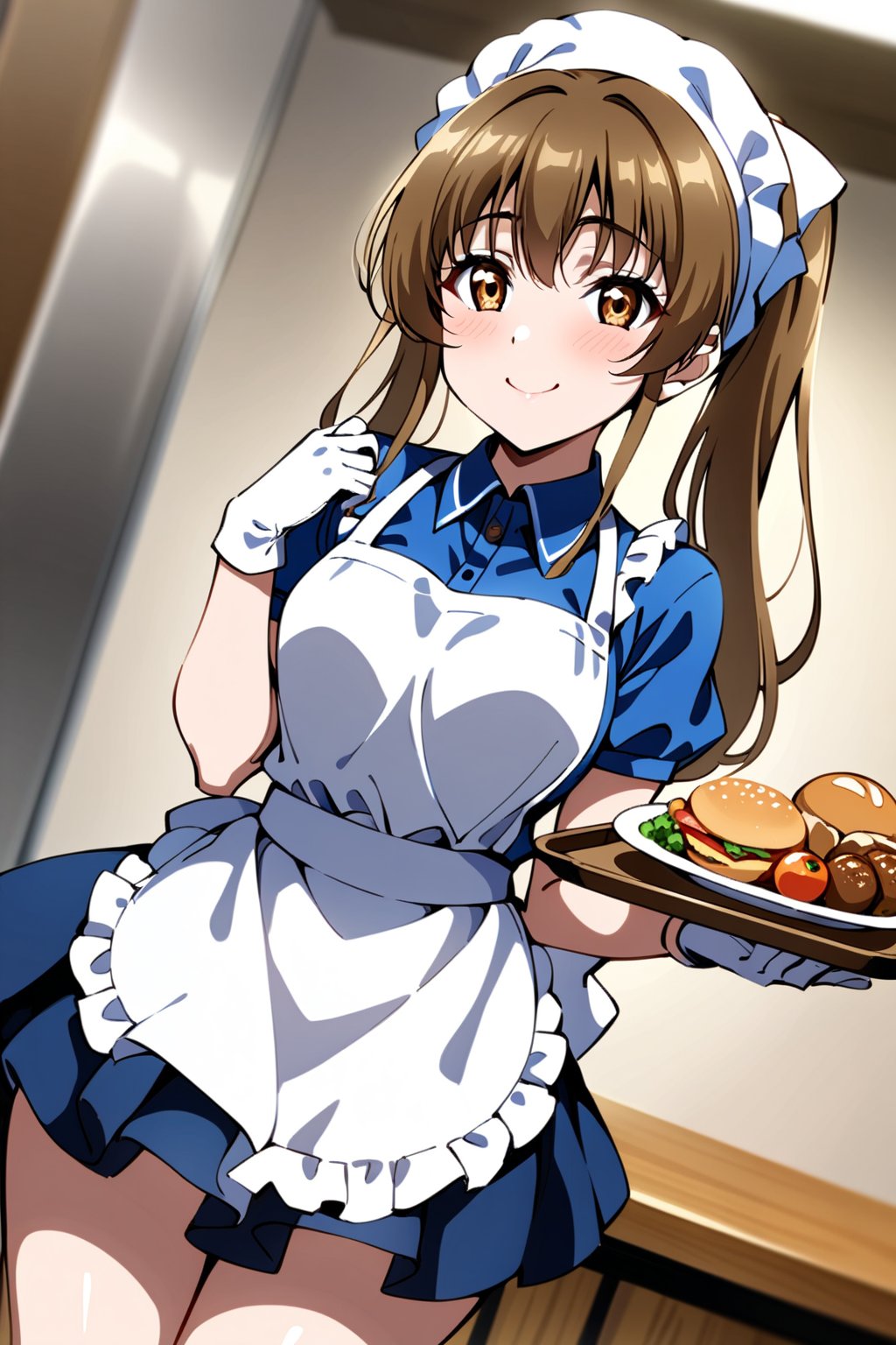 cowboy shot, sunohara shizuka, 1girl, sidelocks, brown eyes, twintails, smile, apron, blue shirt, blue skirt, frilled apron, frills, gloves, head scarf, shirt, short sleeves, skirt, uniform, waist apron, waitress, white apron, white gloves, food, tray, food tray, indoors, restaurant, looking at viewer, dutch angle, cowboy shot, vibrant lighting, high contrast, dramatic shadows, highly detailed, detailed skin, depth of field, masterpiece, best quality, expressive eyes, perfect face, perfect body, beautiful girl, cute girl, <lora:sunohara shizuka ghost 731:1>