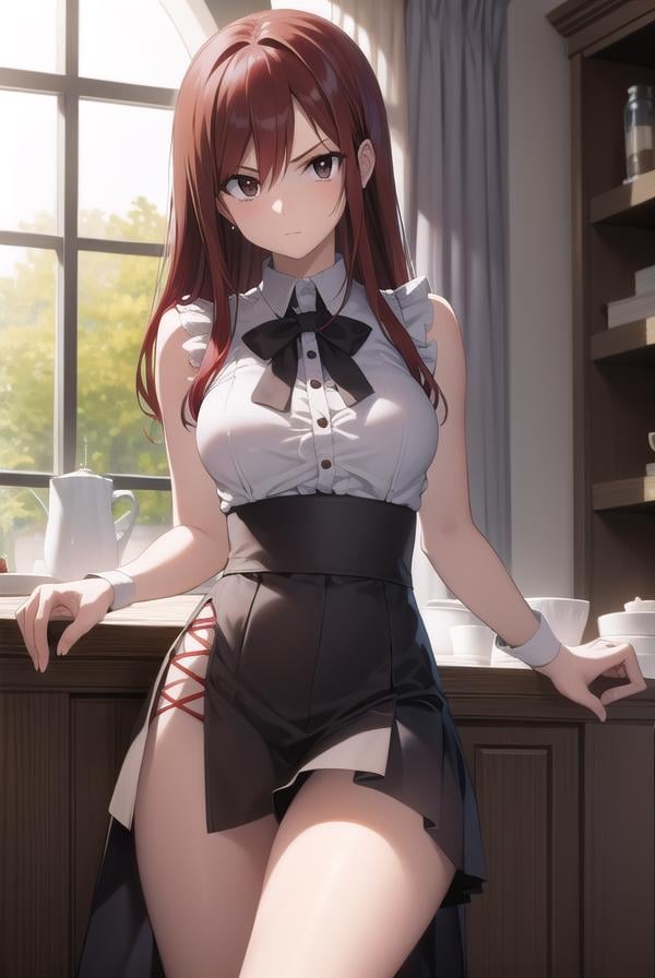 erzascarlet, <lora:erza scarlet v2-lora-nochekaiser:1>,erza scarlet, long hair, (red hair:1.5), hair between eyes, (brown eyes:1.7),BREAK skirt, shirt, bow, boots, sleeveless, sleeveless shirt, tattoo, white shirt, frills,BREAK indoors, guild, bar,BREAK looking at viewer,BREAK <lyco:GoodHands-beta2:1>, (masterpiece:1.2), best quality, high resolution, unity 8k wallpaper, (illustration:0.8), (beautiful detailed eyes:1.6), extremely detailed face, perfect lighting, extremely detailed CG, (perfect hands, perfect anatomy),