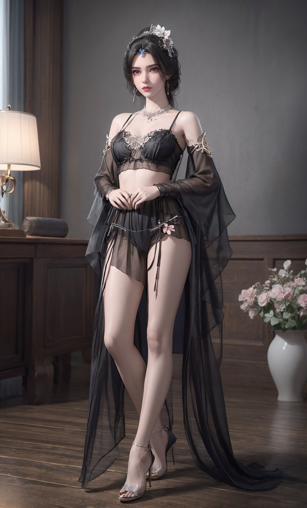 ,,masterpiece,(best quality),official art,extremely detailed cg 8k wallpaper,(extremely delicate and beautiful),,solo,realistic,photo_\(medium\),full body,stiletto heels,facial tattoo,(Bralette),adfxx,1girl,portxx,solo,earrings,flowerhair bun,hair flower,black hair,hair ornament,realistic,<lora:40muwan_v4.0:0.6>,adfxx,