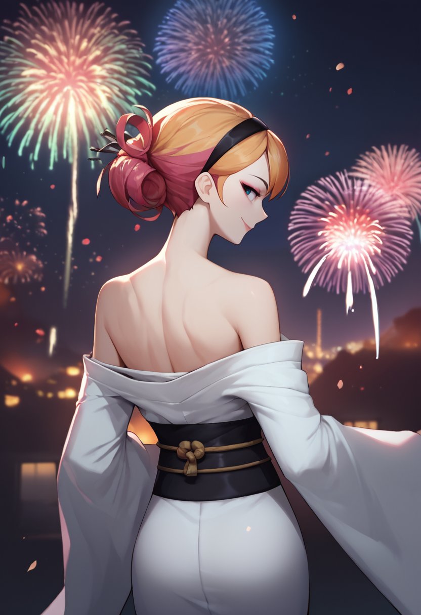 score_9, score_8_up, score_7_up, source_anime, from behind, solo, 1girl, agentxero, makeup, smile, looking back, black hairband, japanese clothes, white kimono, off shoulder, black sash, bare shoulders, fireworks <lora:themodifyers_agentxero_ponyXL:1>