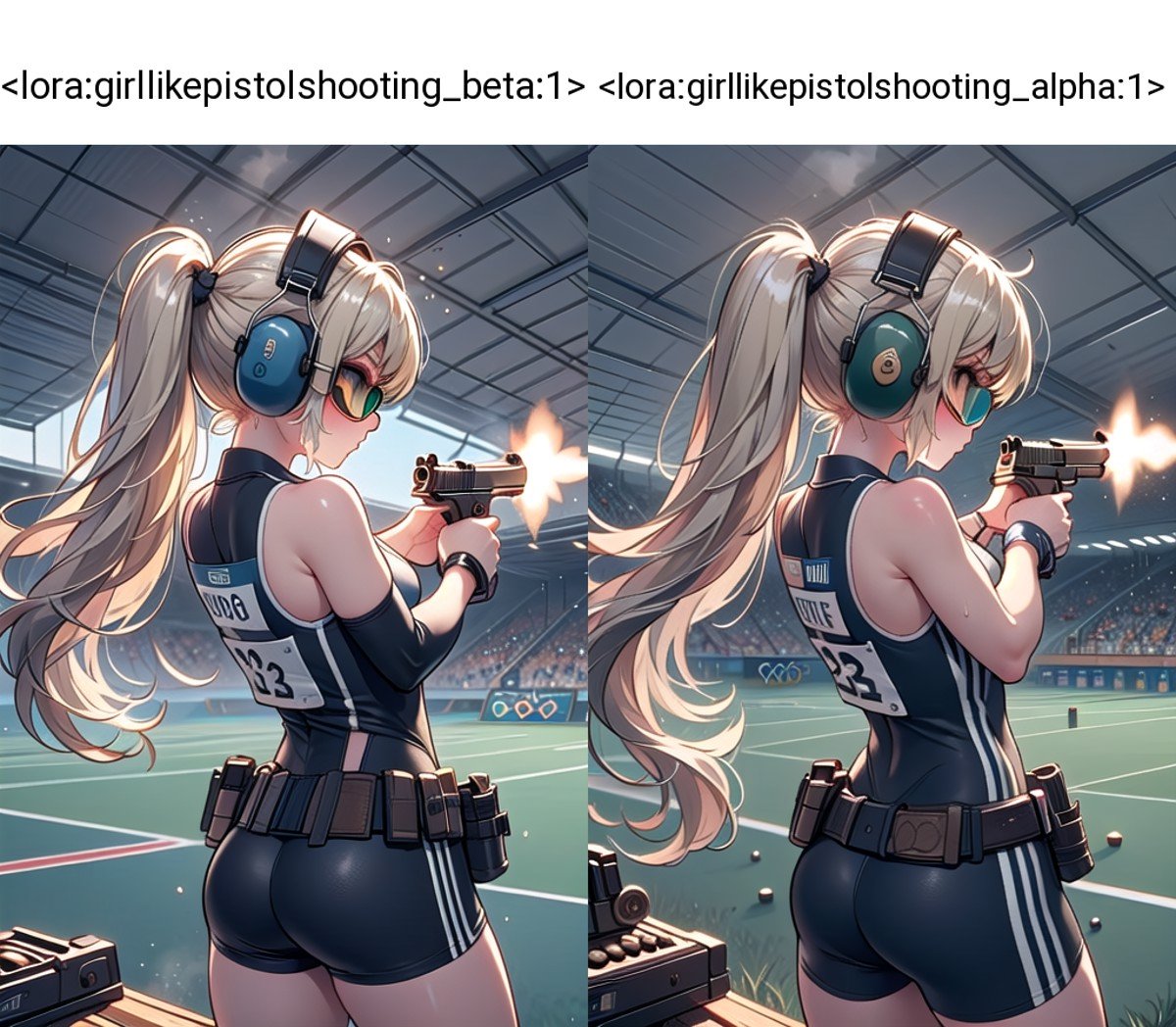 ((pistol shooting)), ((firing range)), (holding air handgun), muzzle flash, aiming at viewer and target, player uniform, sleeveless, sports shorts, ear defenders, fingerless gloves, olympic games venue, wind, steam, sweat, shadow, 1girl, blonde hair, twintails, big tits, from behind, pov, standing, ((tinted eyewear)), <lora:girllikepistolshooting_beta:1>