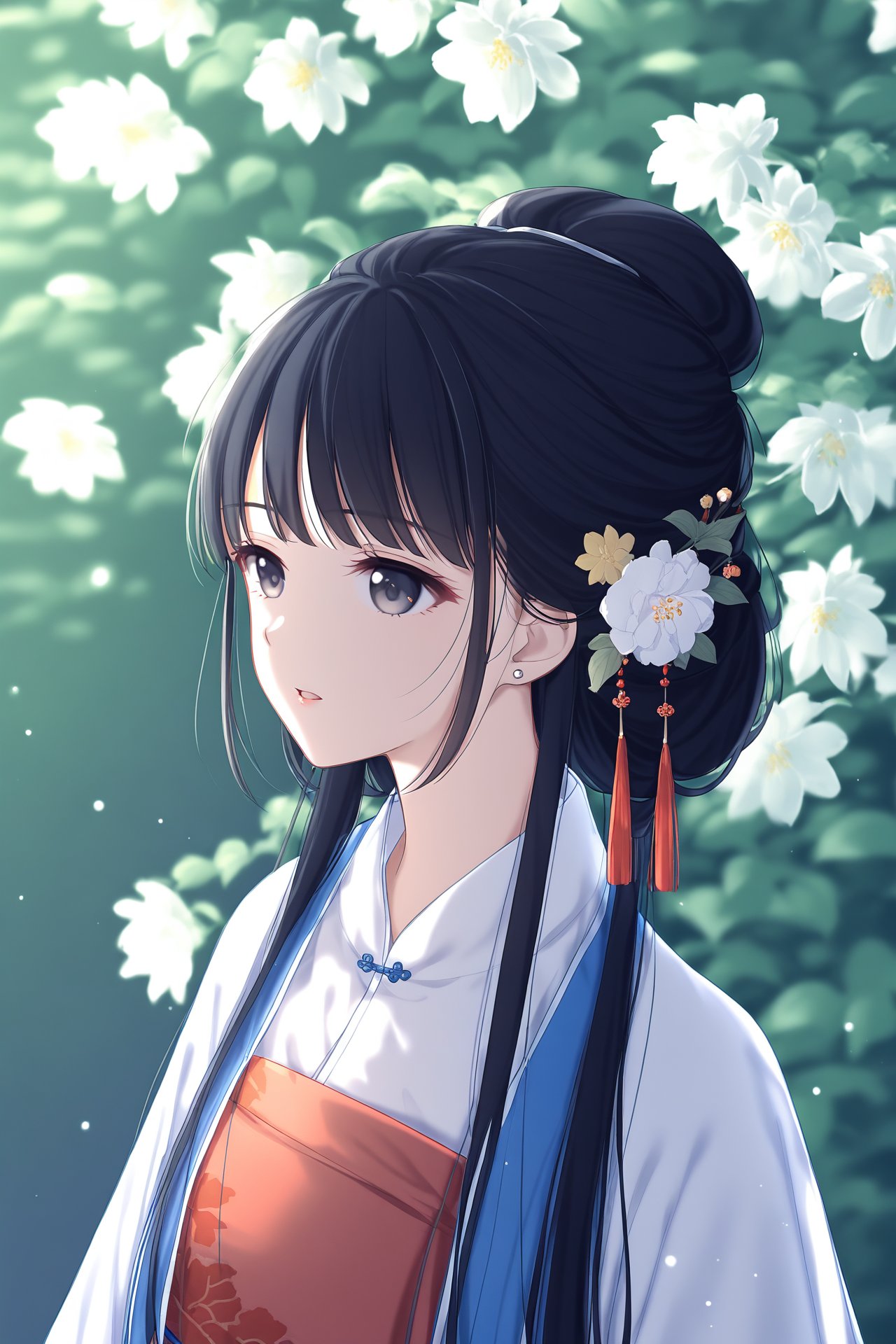 hanfu,1girl,flower,solo,upper body,long hair,black hair,hair ornament,parted lips,white flower,chinese clothes,blurry,hanfu,sash,<lora:hansxl-gufeng:1>,