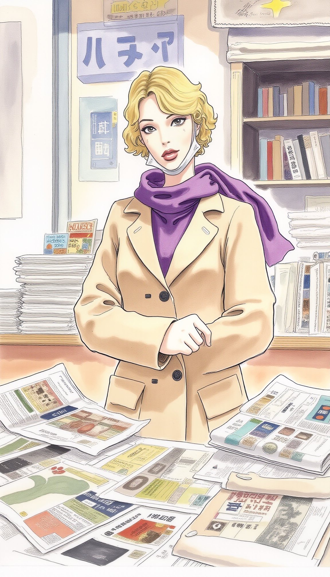 This is a watercolor drawing of a newsstand scene, rendered in a loose, expressive style with visible brushstrokes and soft edges. The central figure is a woman with short, curly blonde hair and wearing a beige coat, a purple scarf, and a face mask, standing behind a counter filled with newspapers and magazines. She is looking directly at the viewer with a friendly expression. The counter in front of her is cluttered with numerous newspapers and magazines, their colorful covers and titles visible. <lora:m4n4r4 v2 by Devildonia:1> m4n4r4