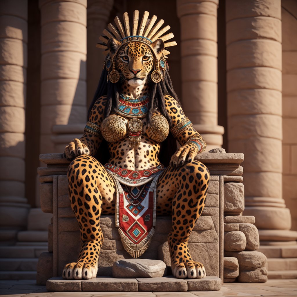 cute female anthro_jaguar, intricately detailed, realistic, aztec_sun_priestess, full_body, sitting properly on a stone_throne