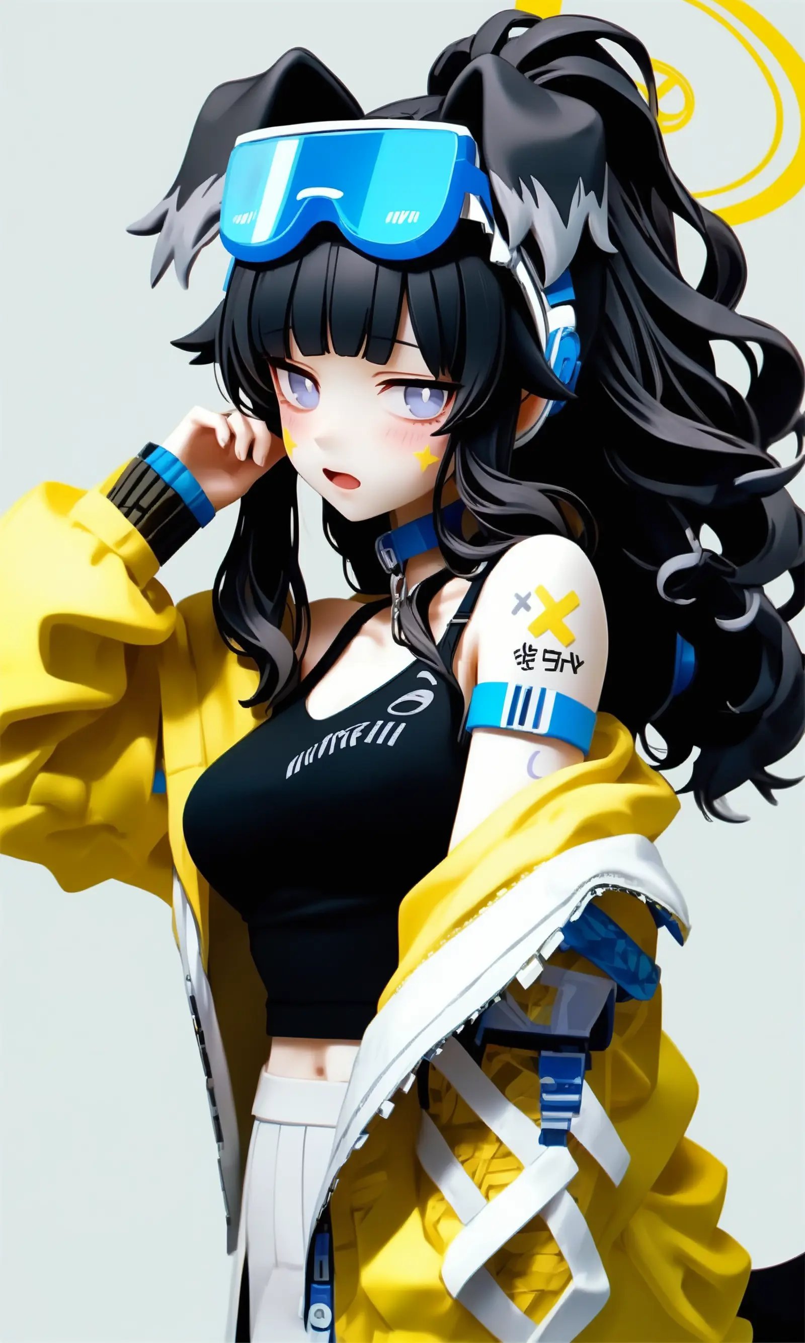 sscore_9,score_8_up,<lora:blue_archive_all_v2:0.8>,collarbone, jacket, blush, breasts, goggles_on_head, grey_background, armpit_crease, hibiki_\(blue_archive\), simple_background, sidelocks, black_tank_top, hair_bobbles, looking_at_viewer, bare_shoulders, highres, dog_ears, 1girl, open_mouth, solo