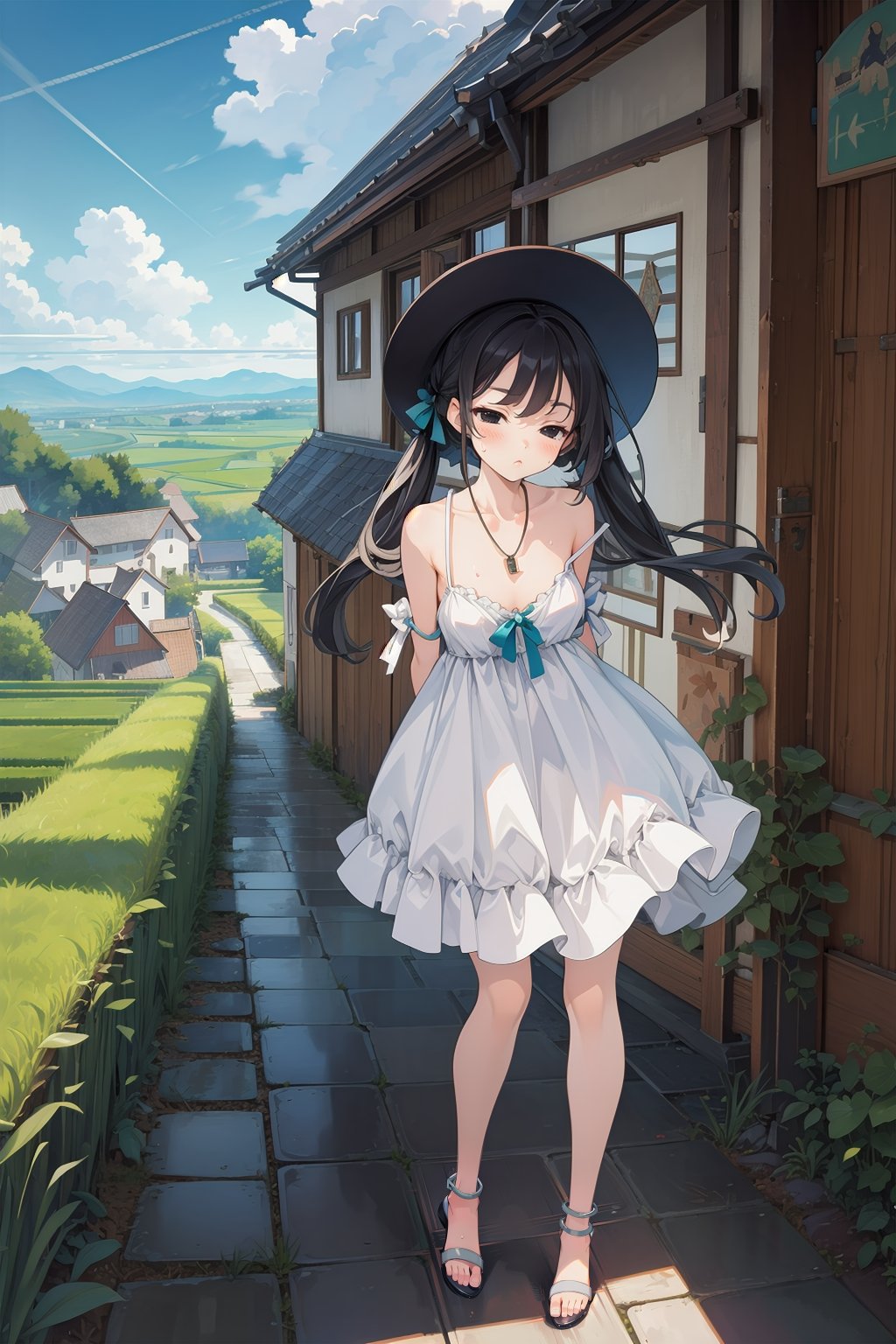 masterpiece,4k, best quality,slim,thin,skinny, panorama view,(full_body:1.2), 1girl,mesugaki,petite,slim_legs,blush,frown,half-closed_eyes, :<,sideways_glance,head_down,sweat,full body,black hair,black eyes,absurdly long hair,twintails, floating hair, rice paddy,from_side nsfw,sun hat,sandals, cleavage,leaning_forward,anklet,necklace,(white_sundress, strap_slip,short_dress,bare_legs),standing,downblouse, nipple_slip, shy,pigeon-toed, from above,  shy_pose,hands_up_in_front_of_own_chest,  outdoors,rice paddy, clear sky,cloud,mountain,(house:1.4),(sunflower:0.7),truck, cabin,countryside,village,road,electric line pole,fruit,berry, rainbow