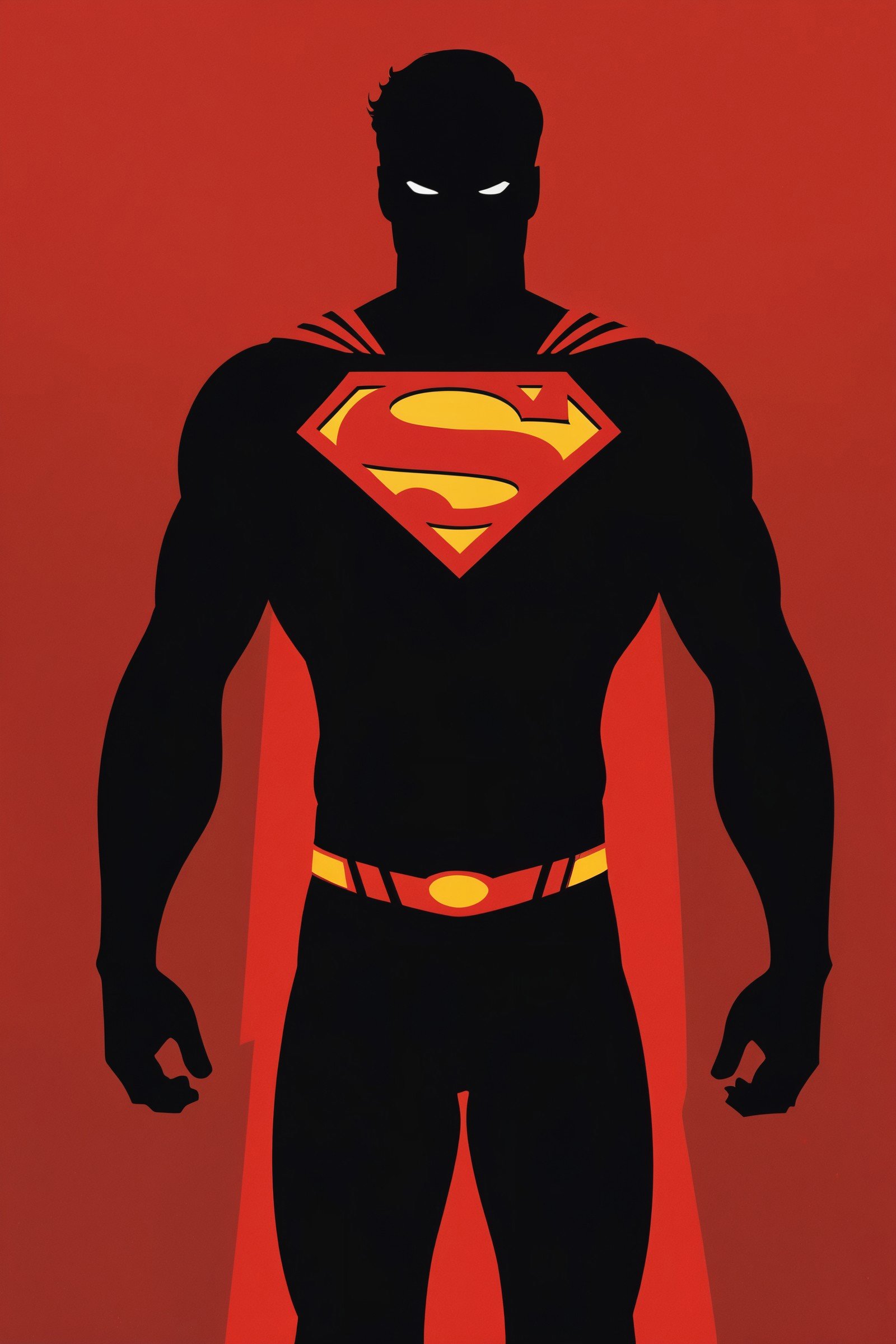 the black silhouette of Superman in front of a red background, in the style of movie poster, stark minimalism, symmetry, silhouette