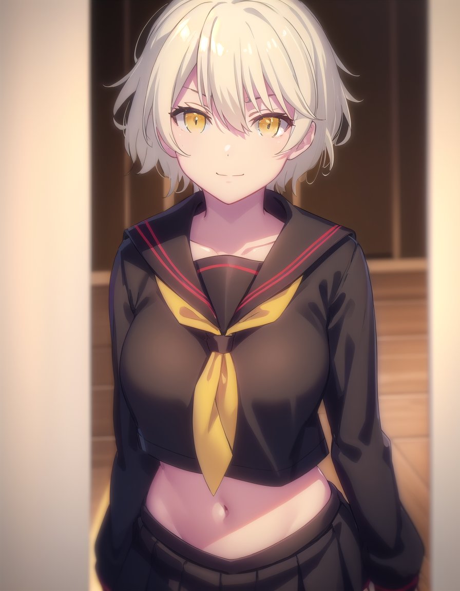 skmiyabi, <lora:sk miyabi s1-lora-nochekaiser:1>,miyabi, bangs, hair between eyes, (yellow eyes:1.3), white hair,BREAK skirt, shirt, long sleeves, navel, school uniform, pantyhose, pleated skirt, necktie, serafuku, midriff, black skirt, sailor collar, black shirt, black sailor collar, (black serafuku:1.2),BREAK indoors, classroom,BREAK looking at viewer, (cowboy shot:1.5), smile,BREAK <lyco:GoodHands-beta2:1>, (masterpiece:1.2), best quality, high resolution, unity 8k wallpaper, (illustration:0.8), (beautiful detailed eyes:1.6), extremely detailed face, perfect lighting, extremely detailed CG, (perfect hands, perfect anatomy),