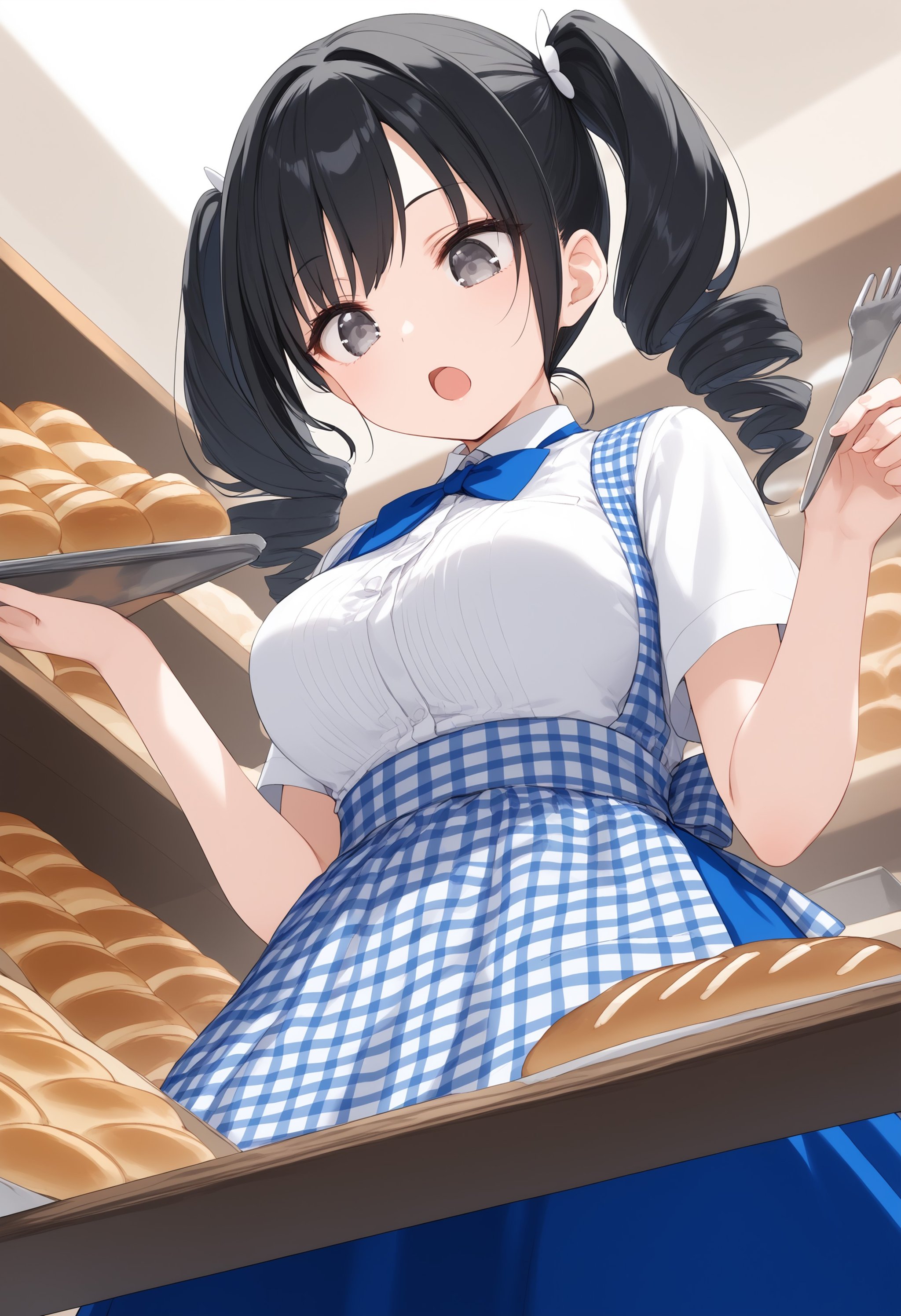 1girl, medium breasts,kobeya uniform, blue skirt, blue neckwear, gingham apron,Bakery, <lora:kobeya_Pony_v1:0.7>from below, fisheye lens, looking down, black hair, silver eyes,giggling, open mouth, twin drills hair,