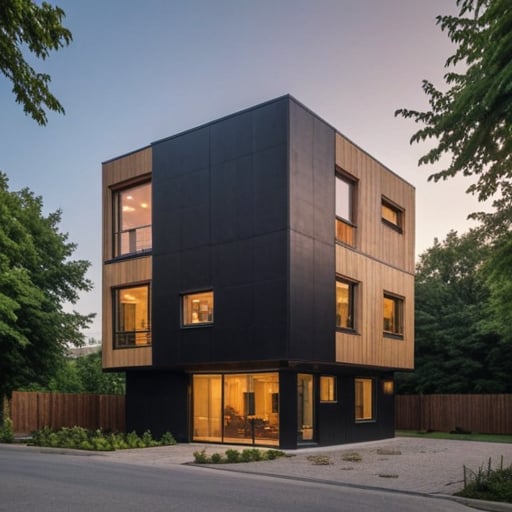 <lora:lora:0.9> real architecture photo of a modern cube house, with wood and black metal, in the city,, perfect photo of high tech cupola building, beautiful place, extremely detailed, aesthetic, vibrant, evening, striking design