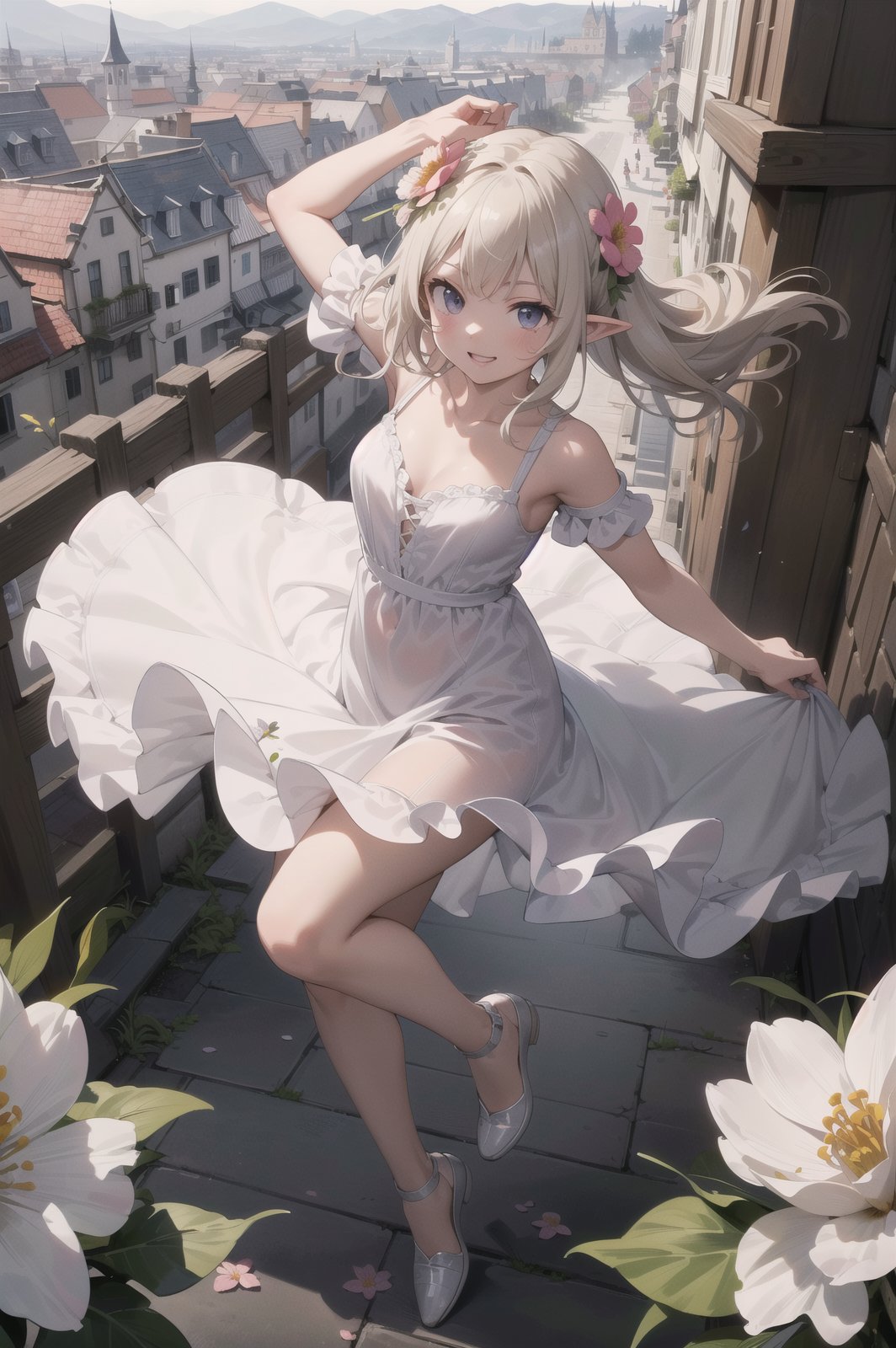 masterpiece, (best quality, ultra-detailed:1.6), (ultra high res:1.5),super fine (anime),(sharp focus), (insanely detailed:1.3),detailed face,(perfect anatomy), delicate (cel animation), 1 cute girl,(cute face:1.1),pointy ears,kindly smile,(flower blooming town:1.3),full body,in fantasy world,no holding,full body,outdoor,beautiful ruffle dress,snap shot