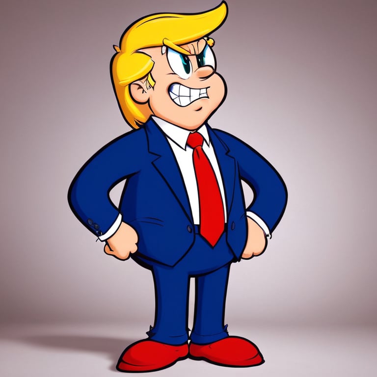 (rubber_hose_character:1.1) <lora:RubberHose_Characters_SDXL_v1:1> cartoon,donald trump, red tie, small hands, angry face