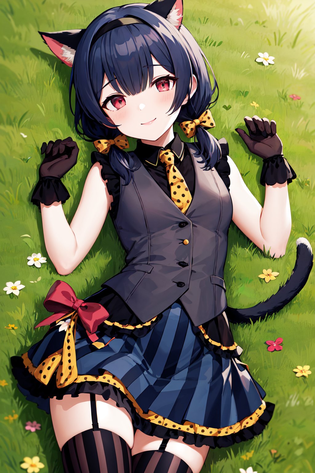 masterpiece, best quality, highres, hhrinze, low twintails, hair bow, hairband, animal ears, cat tail, tail ornament, tail bow, polka dot, vertical stripes, yellow necktie, brown vest, sleeveless, arm ribbon, brown gloves, layered skirt, vertical-striped skirt, black skirt, thighhighs, asymmetrical legwear, <lora:morino_rinze_v1:0.7>, grass, field, lying, on back, smile,