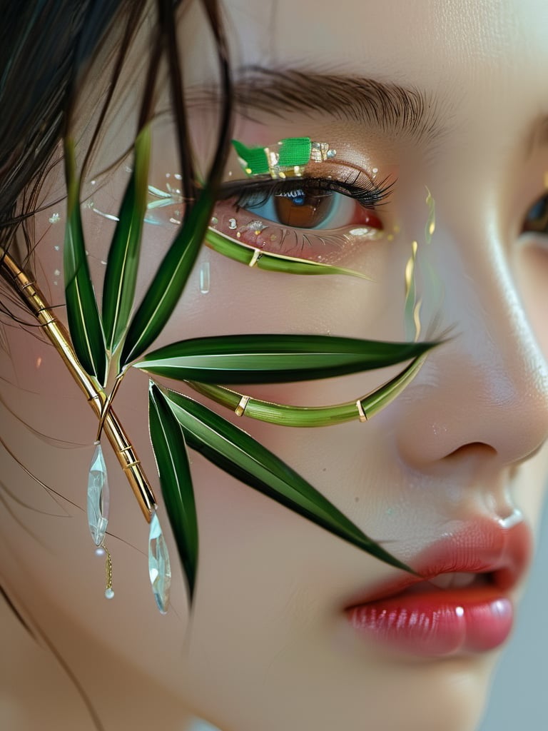 zhuangrong, 1girl, solo, jewelry, earrings, brown eyes, close-up, bamboo, bamboo leaves, lips, eyelashes, blurry, realistic, makeup, portrait, black hair, looking at viewer, brown hair, parted lips,<lora:xlgfzr:1>,