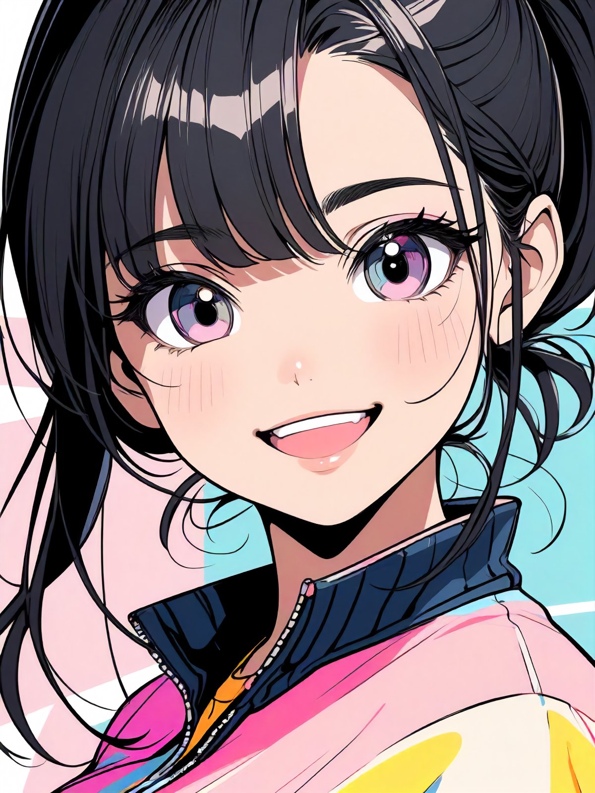 masterpiece, manga style, concept art, lineart, jaggy lines, pastel colors, quick drawing, Girl, Childish face, beautiful face and eyes, big breasts, black hair, clear black eyes, single short ponytail hair, cute and lovely, Vibrant and cheerful personality, smile, open mouth, looking at the camera, fashion model posing, 