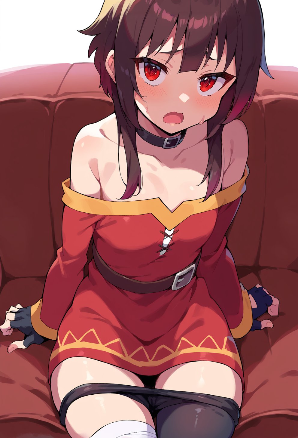 score_9, score_8_up, score_7_up, score_6_up, source anime, BREAK<lora:konosuba_megumin:0.8> nimugempnxl, megumin, 1girl, solo, short hair with long locks, small breasts, cowboy shot,fingerless gloves, blush, sitting, open mouth, single thighhigh, looking at viewer, bare shoulders, off shoulder, black choker, couch, barefoot, off-shoulder dress, sweatdrop, black panties, pantyhose pull