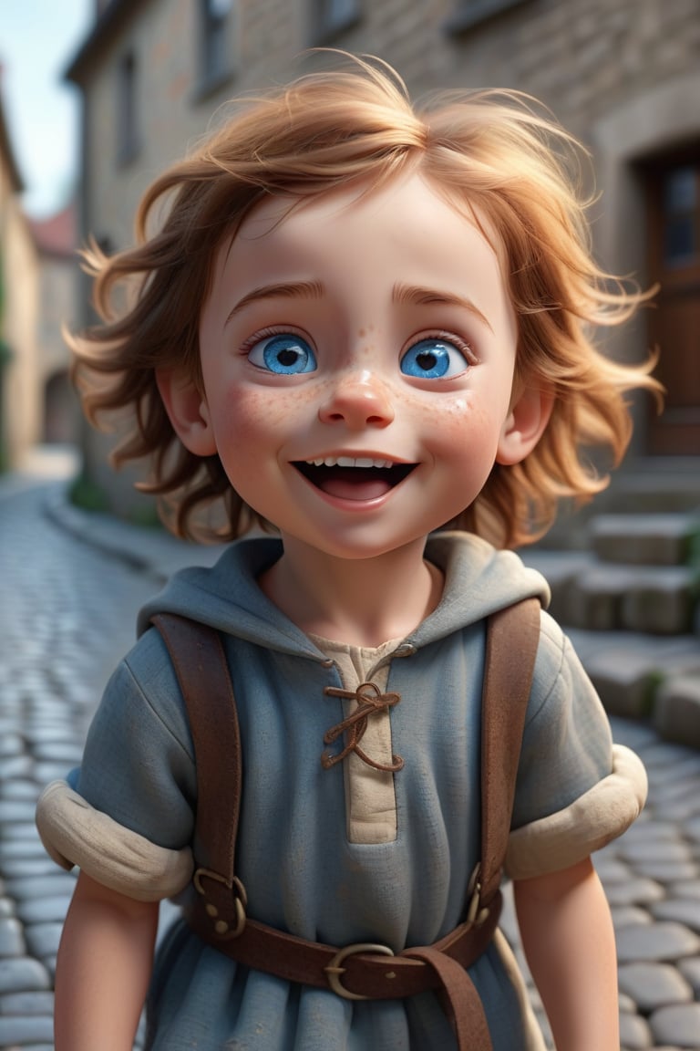 Create a highly detailed, 3D animated portrait of a young child with strikingly expressive blue eyes, a wide smile, and a look of innocent wonder. The child should have freckles and tousled brown hair, with the lighting highlighting the texture of the skin and hair. Position the child on a cobblestone street, with the background subtly blurred to keep the focus on the child's face. The setting should suggest a historical or medieval context, with the child wearing simple, rough-spun clothing. The overall tone of the image should evoke a sense of curiosity and adventure, capturing the child's awe and excitement at exploring their surroundings