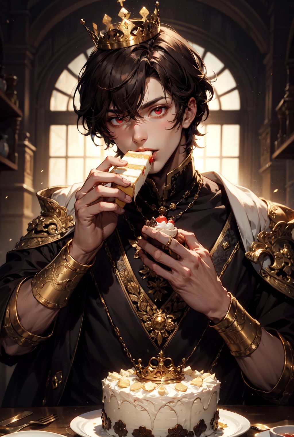 Prince with shoulder-length dark brown hair, and red eyes, wears a golden crown, white poet shirt, 1boy, eating cake, frosting