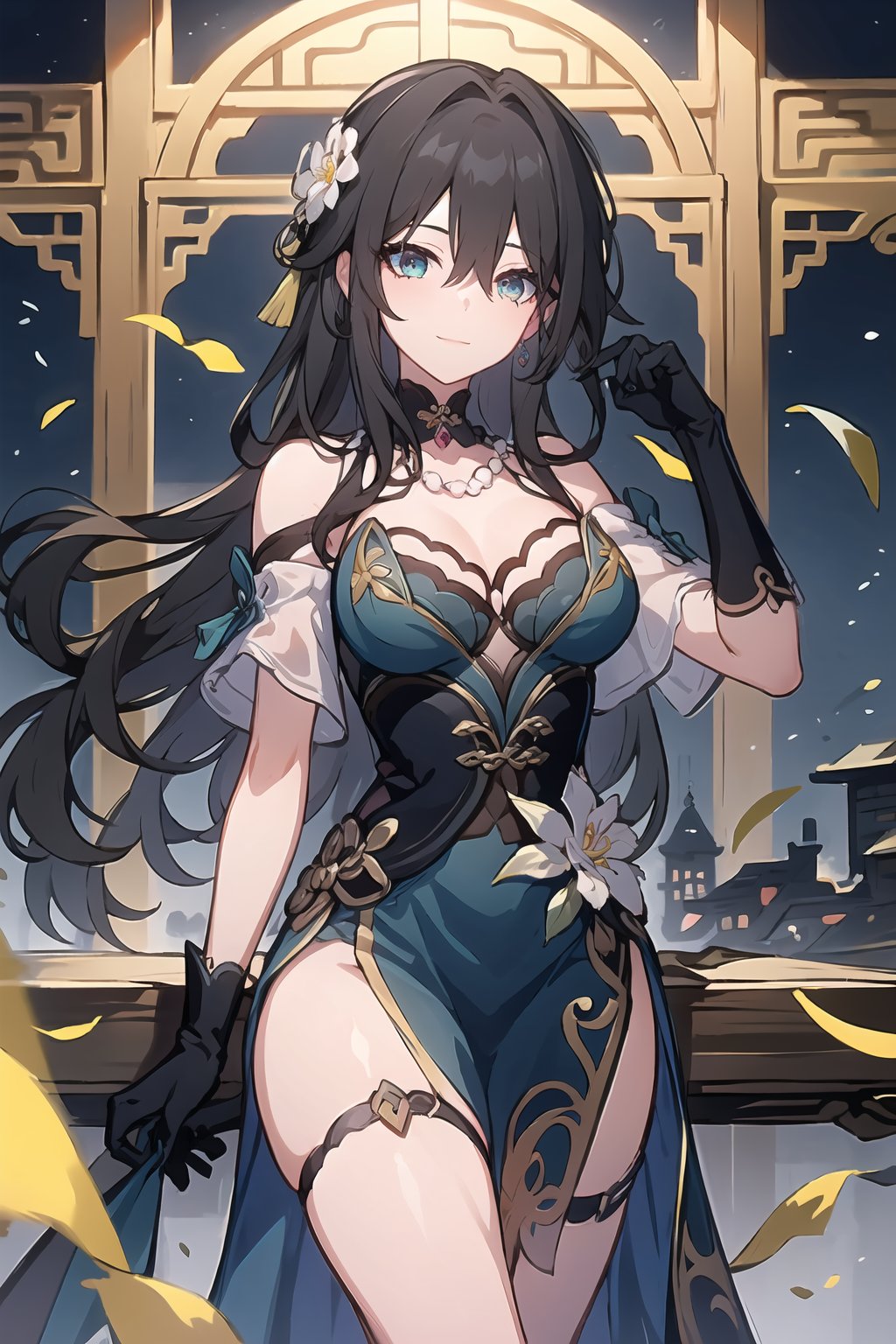 masterpiece,best quality,detialed,ruanmei,ruanmei_official,chinese dress,breasts,long hair,hair between eyes,black hair,bangs,medium breasts,cleavage,hair ornament,thigh strap,white flower,beads,gloves,jewelry,flower,dress,earrings,bare shoulders,blue dress,hair intakes,ruby necklace,black choker,green eyes,blue eyes,<lora:阮梅-0.8-逐辰十七:0.8>,1girl,in the baroque architecture,variations,Evil smile,head out of frame,on a hill,skyline,