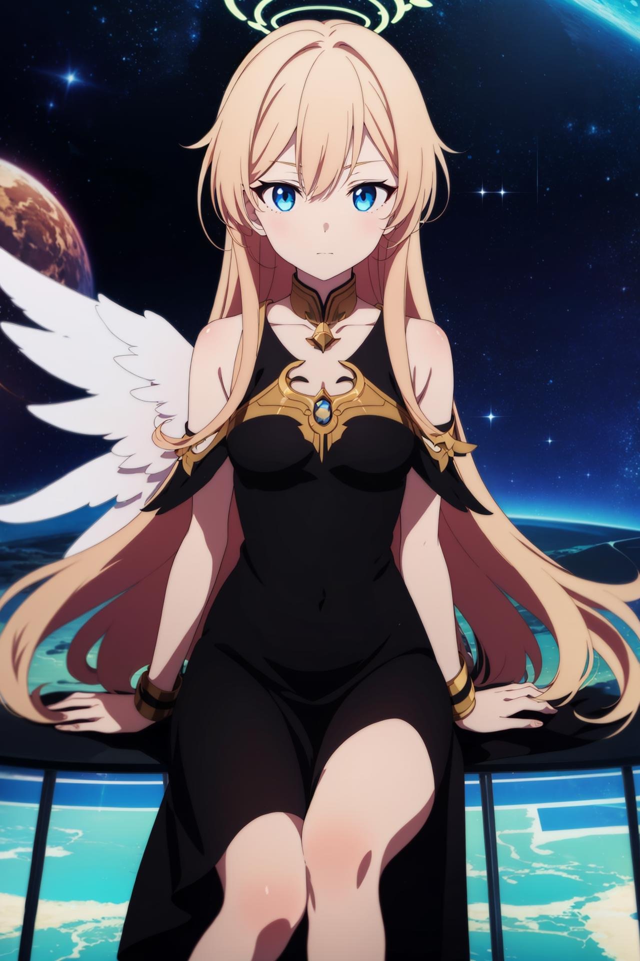 1girl,dress,long_hair,sitting,feathers,wings,angel wings, halo, anime screencap, space,cosmic,cosmo,star,seraph, black hole, , anime_coloring,anime_keyvisual, colorful,vivid<lora:envybetterhandsLocon_beta2:1>