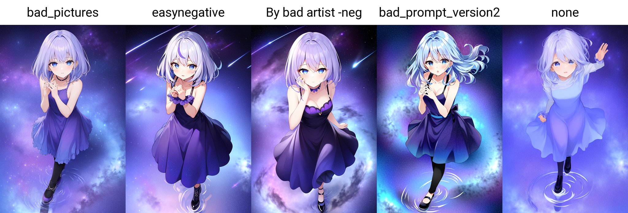 masterpiece,best quality,1girl ,solo, hands on the pocket,black and white dress,looking at viewer,(purple and blue theme:1.3),(purple and blue background:1.5),white hair,blue eyes,(walking:1.3),full body,black footwear,the blue water on ground reflecting the starry sky and nebula and galaxy,(from above:1.2), hands up