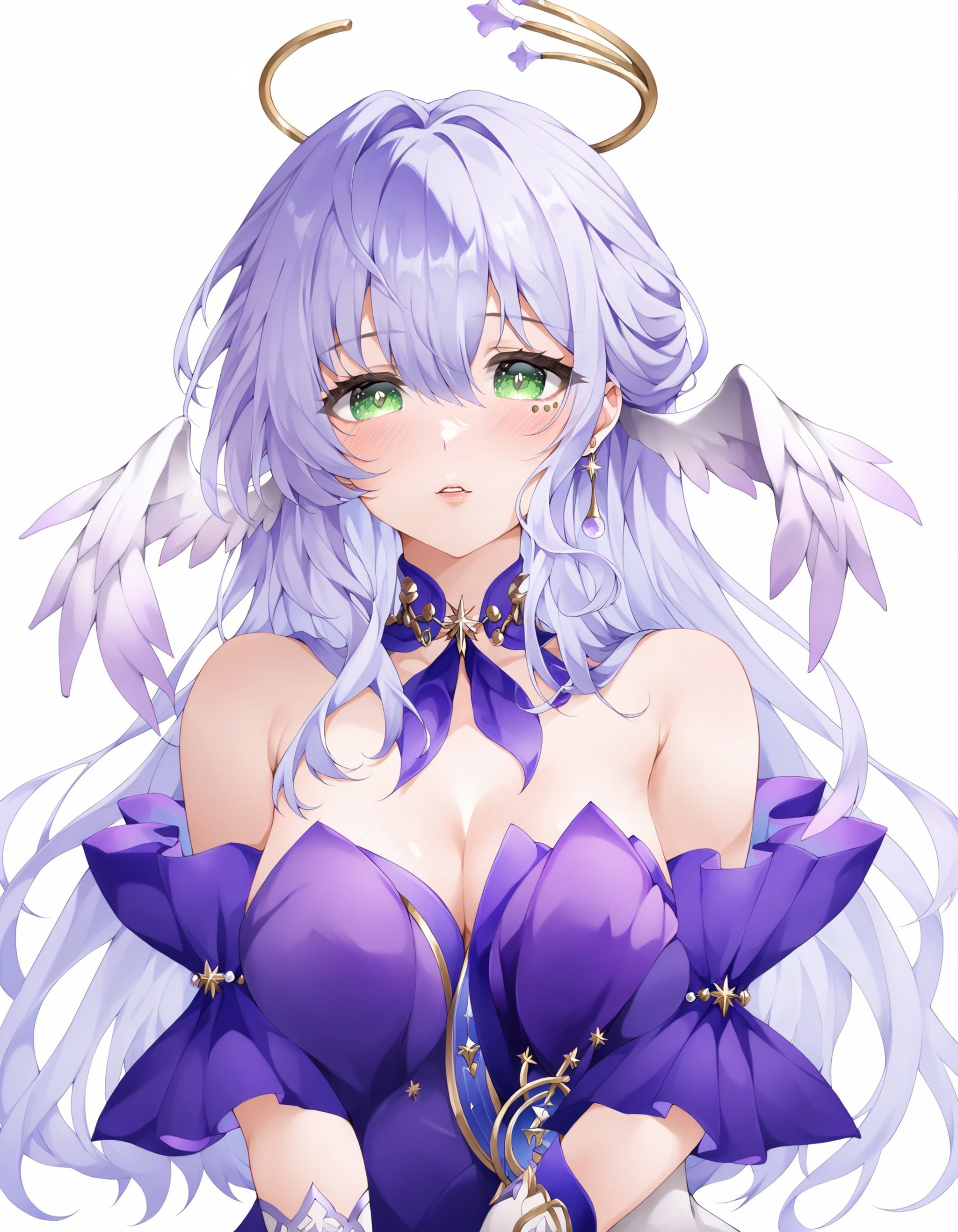 1girl, Robin, solo, long hair, breasts, looking at viewer, blush, bangs, simple background, gloves, white background, dress, cleavage, hair between eyes, bare shoulders, jewelry, green eyes, upper body, purple hair, white hair, earrings, parted lips, detached sleeves, wings, white gloves, halo, head wings, purple dress, <lora:5ebb583e-b819-44e8-9574-1d479198ab37:0.7>