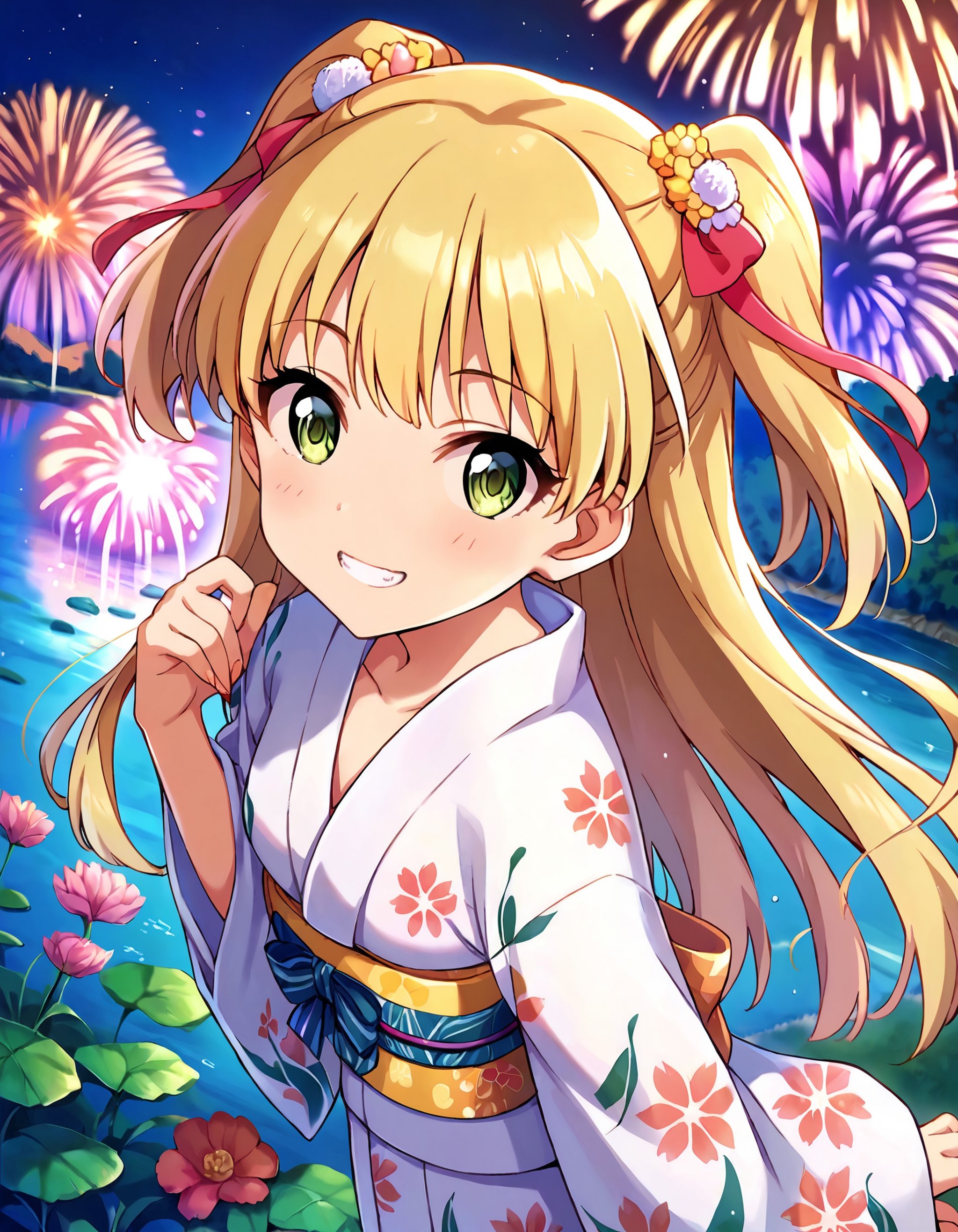 score_9, score_8_up, score_7_up, source_anime,pinup of 1girl, solo, dating, blush, grin,  looking at viewer,  from above,outdoors, lake, fireworks, hanabi, night,  <lora:JogasakiRika_pony_v1:0.8>jgskrk, petite, long hair, blonde hair, two side up, bangs, hair ornament, hair ribbon, green eyes, eyelashes,  small breasts, japanese clothes, yukata, obi, floral print,