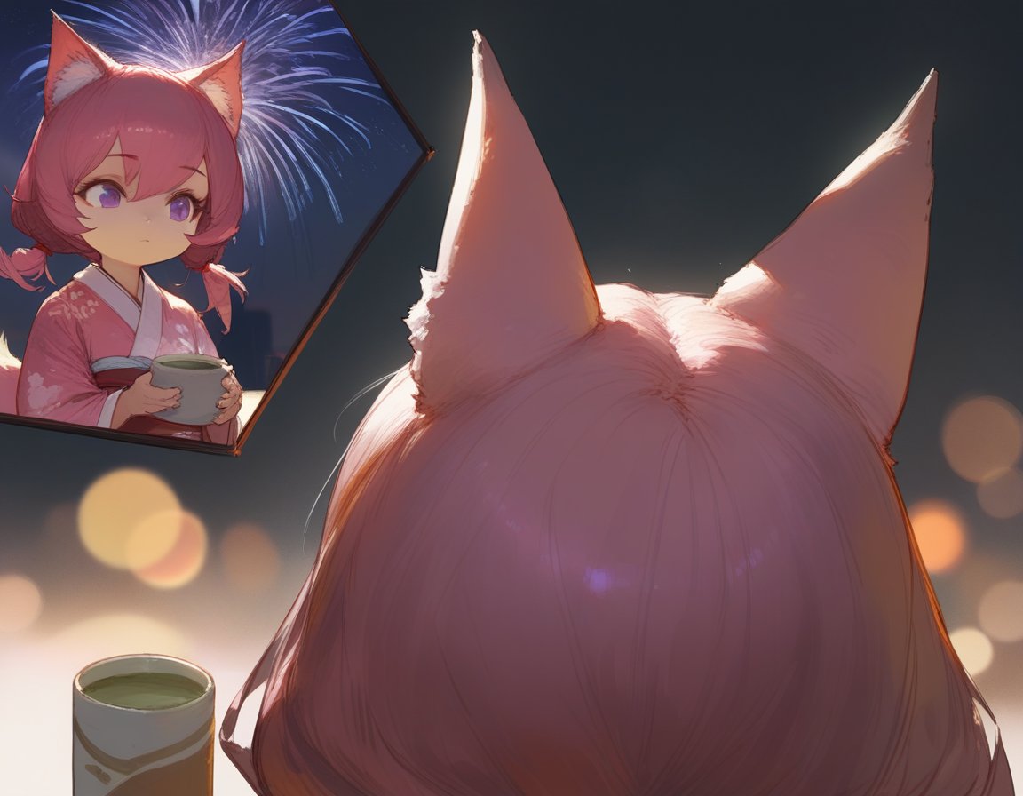 1girl, (chibi:1.2), pink hair, low twintails, fox ears, fox tail, from behind, looking up, reaching, print kimono, pink kimono, (matcha:0.95), (ciloranko:0.95), (modare:0.95), (Cutesexyrobutts:0.95), (WLOP:0.95), (guweiz:0.95), dark theme, night, looking up, ilya_kuvshinov, amonitto, kankan33333, dino \(dinoartforame\), modare, Quasarcake, mika_pikazo, close-up, face focus, eyelashes, simple background, gradient background, blurry background, depth of field, bokeh, (lens flare:1.1), fireworks, amazing quality, very aesthetic, absurdres