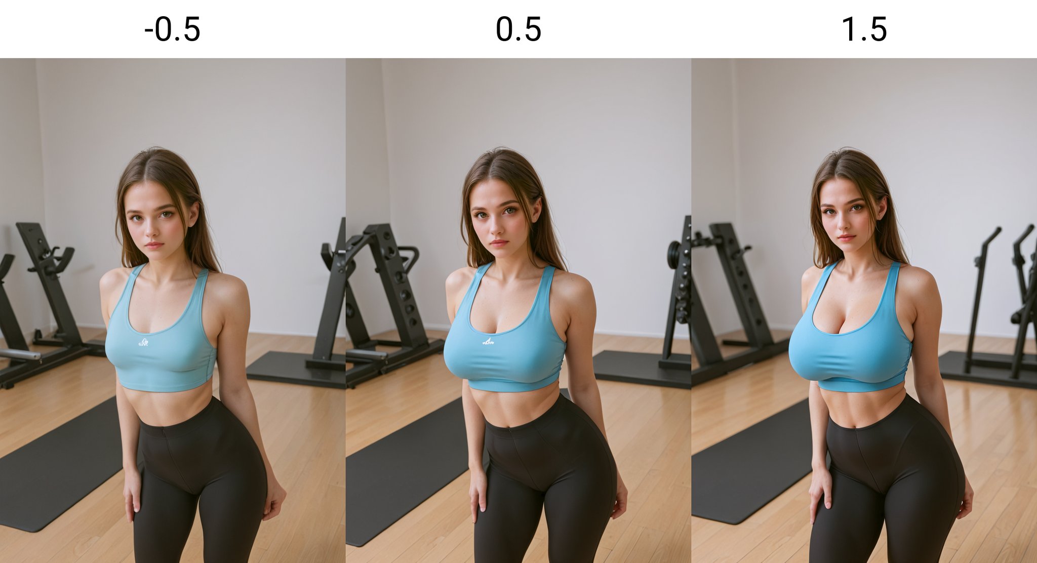 1girl, standing, (((facing viewer))), <lora:Breast Slider - Pony_alpha1.0_rank4_noxattn_last:-0.5>, straight brown hair, yoga outfit, looking at viewer, 