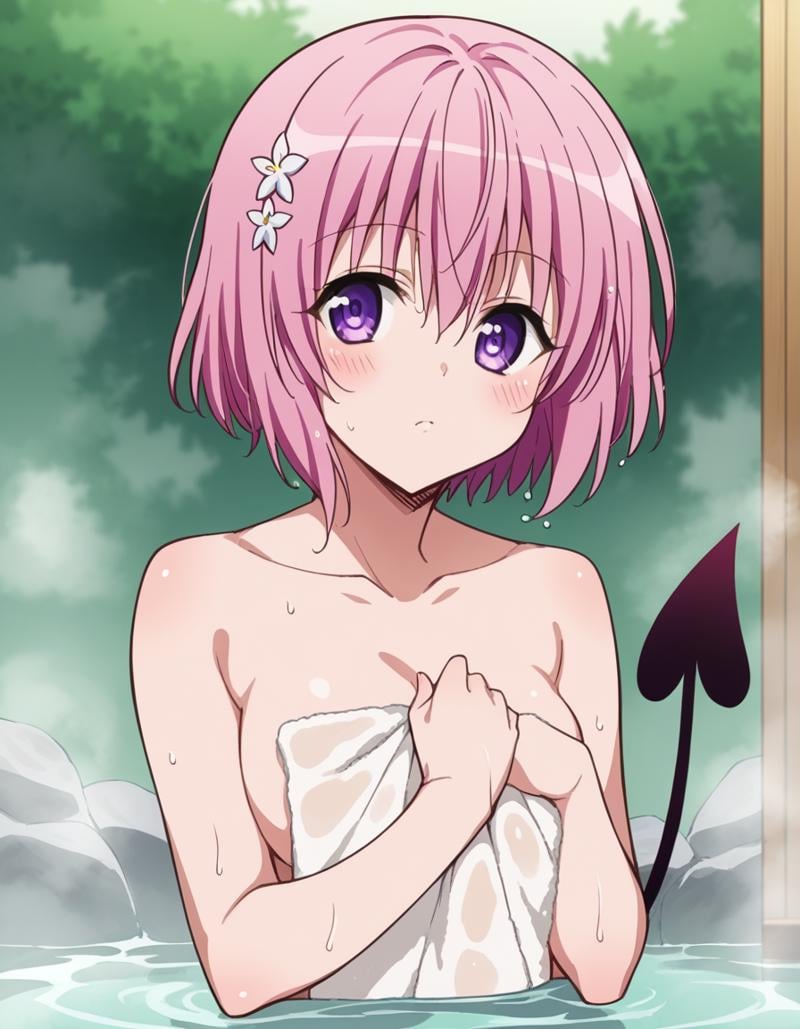 score_9, score_8_up, score_7_up, source_anime,momodeviluke, <lora:momo-deviluke-darkness-ponyxl-lora-nochekaiser:1>,momo deviluke, demon tail, hair flower, hair ornament, purple eyes, pink hair, short hair, tail,nude, naked, outdoors, onsen, towel, naked towel, steam, bathing, nude cover, partially submerged, water, bath, steam censor, wet towel, blush,looking at viewer, cowboy shot, dutch angle, solo,