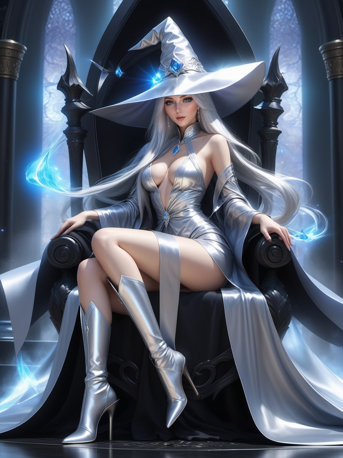 Sexy mage in Silver sitting on a black throne, bottom view, long silver hair, gorgeous tips, sex see-through robe, wizards hat, veil, legs open, magic style, 0C rendering, best quality, ultra-detailed, masterpiece, finely detail, highres, 8k wallpaper