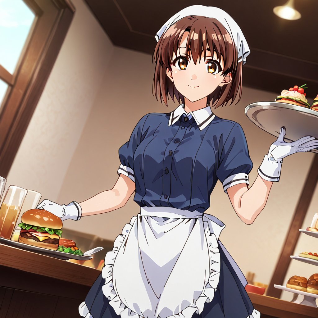 satou nozomi,1girl, solo, smile, apron, blue shirt, blue skirt, frilled apron, frills, gloves, head scarf, shirt, short sleeves, skirt, uniform, waist apron, waitress, white apron, white gloves, food, tray, food tray, indoors, restaurant, looking at viewer, dutch angle,masterpiece, perfect face, best quality, beautiful girl, cute girl, beautiful eyes, shiny eyes, anime coloring, anime screencap, absurdres, award winning,<lora:satou nozomi anim:0.8>