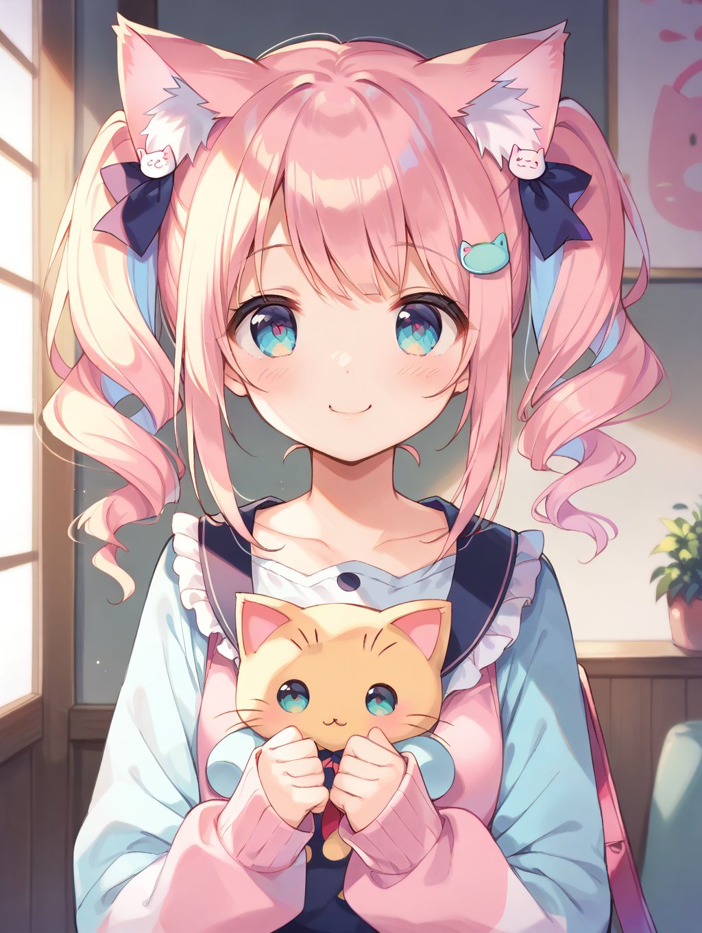 score_9, score_8_up, score_7_up,1 girl , pastel colored twintails , smile face , harajuku style clothes , hana clothes style , cute sleeves , hairclips , cute hair ornament , magical cute bedroom with cute furnitures and decorations, hair ribbons , yume kawaii style , pastel colors , cute colors , soft filter , holding a cute plush , cat girl