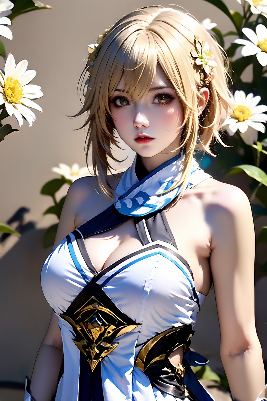 1girl, lumine \(genshin impact\), breasts, solo, blonde hair, cleavage, dress, white dress, hair ornament, looking at viewer, bare shoulders, flower, large breasts, realistic, covered nipples, hair flower, upper body, short hair with long locks, lips, yellow eyes, sleeveless, brown eyes, white flower, closed mouth, sleeveless dress, hair between eyes, sidelocks, nose, medium breasts, short hair, scarf, simple background
