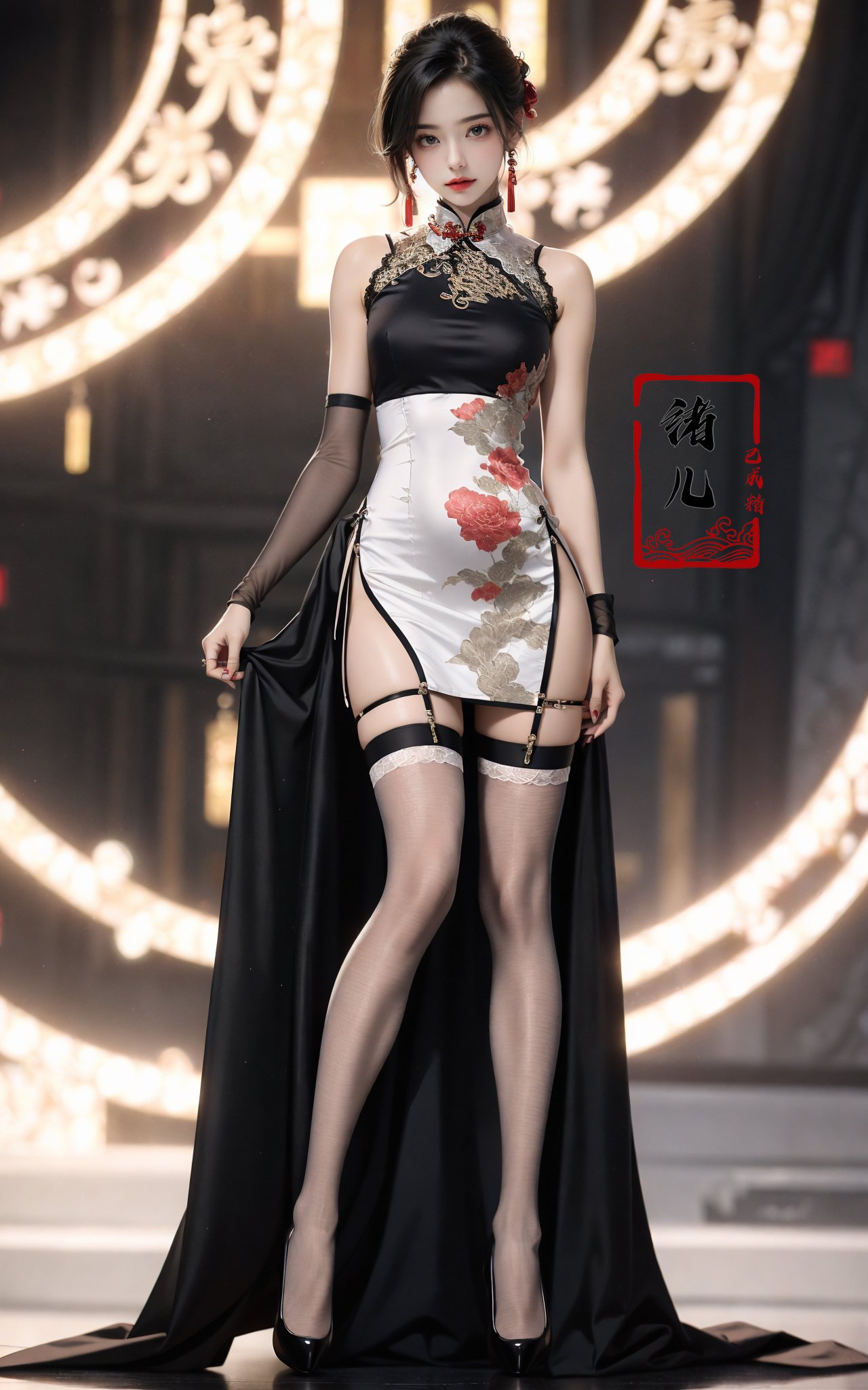 Black background,Fashion cheongsam，nail polish，lace trim，gradient，contrapposto，Red long dress，lace，red lips， (full body:0.8), white thighhighs,white hair，crossed legs，<lora:Fashion cheongsam_20231207093219:0.7>