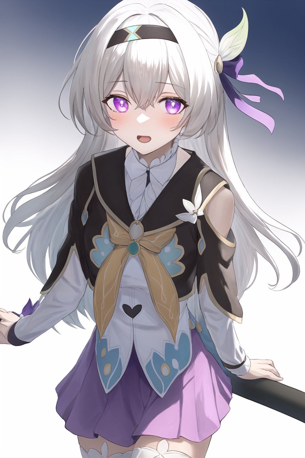 firefly,1girl, solo, open mouth, long hair, blush, white background, @_@, simple background, grey hair, hairband, looking at viewer, purple eyes, hair between eyes, bridal gauntlets, black hairband, hair ornament, gloves, upper body