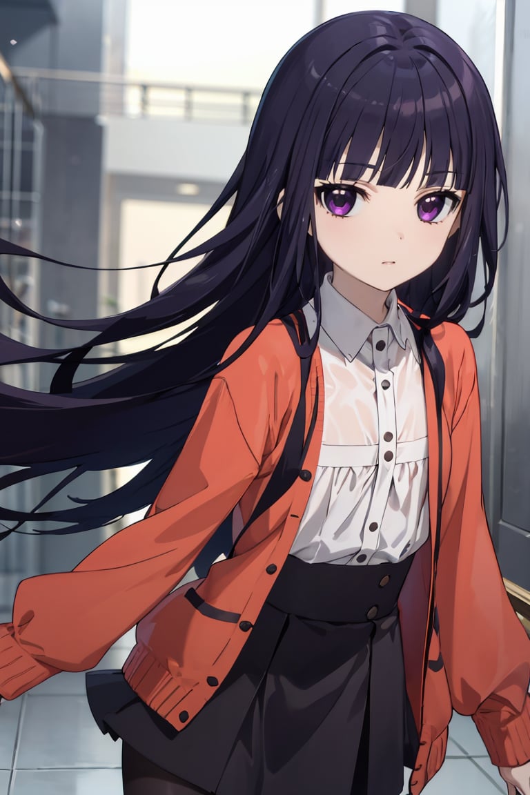 masterpiece, best quality, ultra-detailed, glistening shiny, glowing light, ray tracing, HDR, deph of field, (perfect face, detailed face),  <lora:ShirakiinRirichiyo:0.7>, ririchiyo, black hair, long hair, flat chest, red cardigan, white shirt, black pantyhose, black skirt