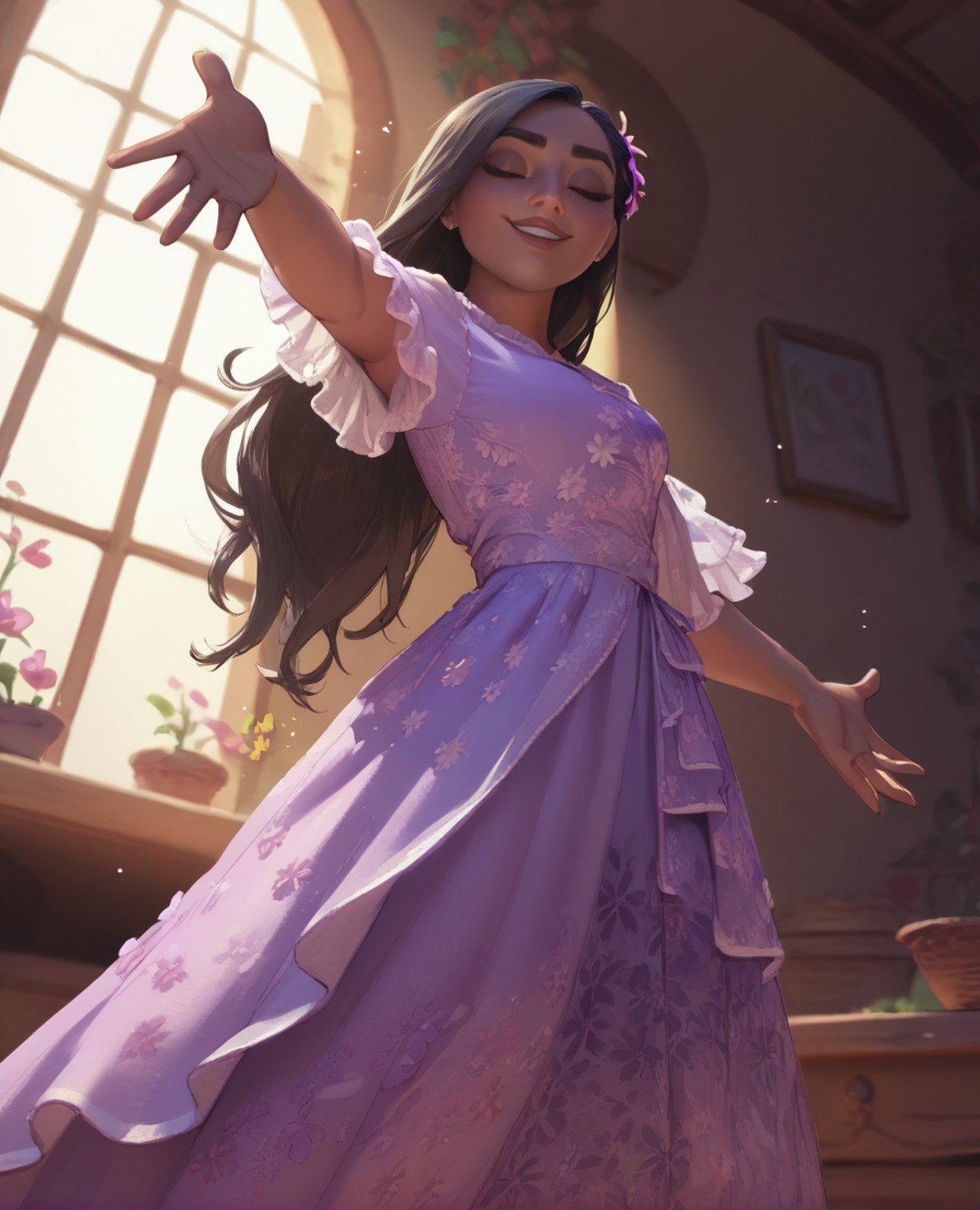 score_9,score_8_up,score_7_up,score_6_up,isabelaxl,long hair,black hair,brown eyes,hair flower,purple dress,jewelry,floral print,frills,light smile,standing,morning,garden,<lora:isabellaxl:0.8>,outstretched arms,singing,from below,eyes closed,