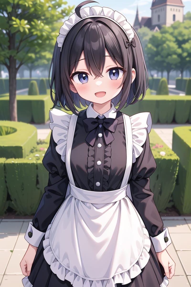 insanely detailed, absurdres, ultra-highres, ultra-detailed, best quality,1girl, solo, nice hands, perfect handsBREAK(cleavage:-1.5),(traditional maid:1.2),apron, blush, bow, bowtie, frilled apron, frills, long sleeves, maid, maid apron, maid headdress, waist apron, white apron,(maid costume, maid hair dress:1.3), long skirtBREAKhappy smile, laugh, open mouthBREAKstanding, cowboy shot, looking at viewerBREAKslender, kawaii, perfect symmetrical face, ultra cute girl, ultra cute face, ultra detailed eyes, ultra detailed hair, ultra cute, ultra beautifulBREAKfantasy world, garden of a castle, depth of field, ultra detailed backgroundBREAKmedium breastsBREAKblack brown hair, black eyes, short bob cut, hair between eyes, ahoge