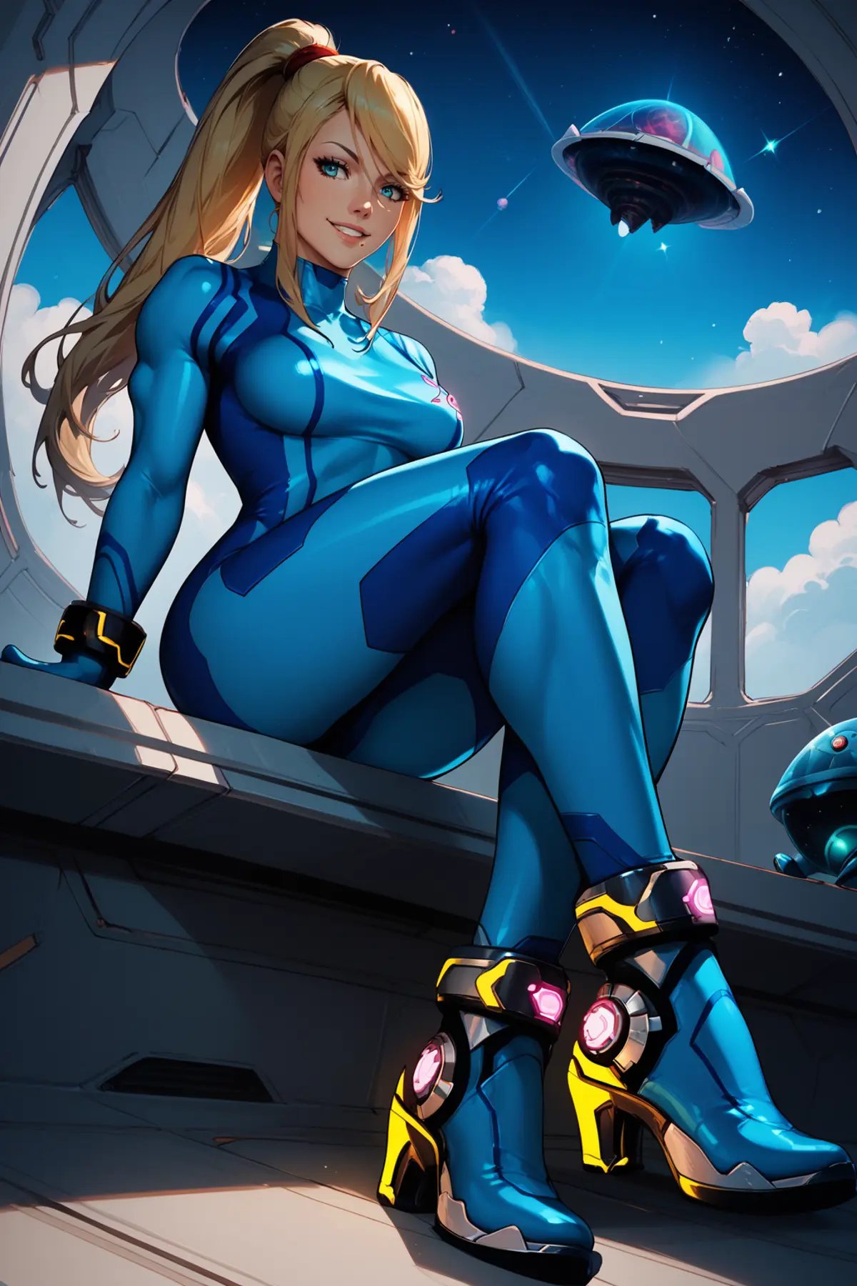 score_9, score_8_up, score_7_up, masterpiece, high quality <lora:Samus AranPonyLora:1> 1girl, long hair, ponytail, bangs, turtleneck, zero suit, bodysuit, skin tight, gloves, bracelet, muscular, ankle boots, smilesitting on a window in a spaceship, stars, black hole