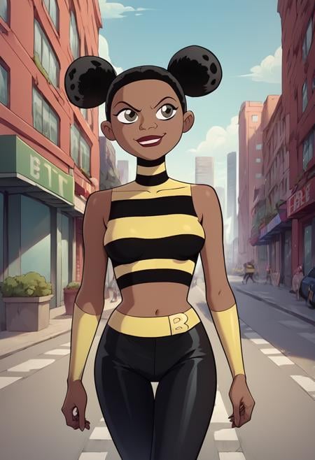 score_9, score_8_up, score_7_up,score_6_up, source_anime,city,BREAK bumblebee, dark skin, 1girl, crop top, striped, black pants, double bun,walking, smirk,  <lora:Bumblebee:0.8> 