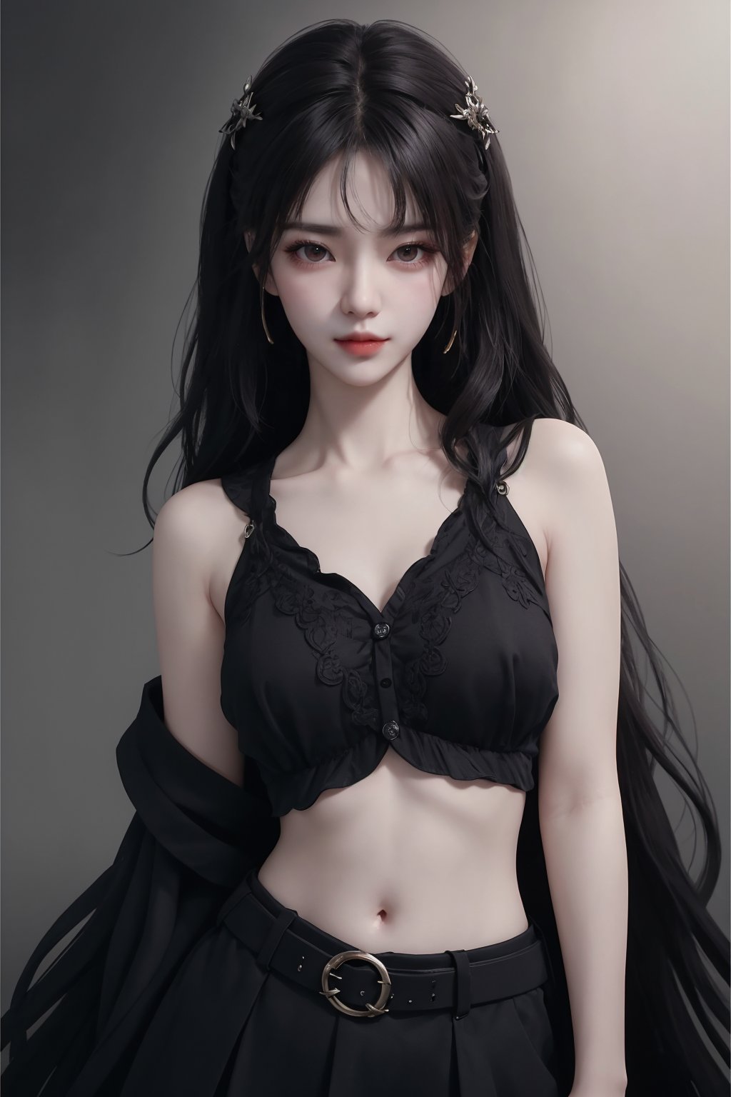 masterpiece, best quality, masterpiece,best quality,official art,extremely detailed CG unity 8k wallpaper,woman,photorealistic, masterpiece, realistic,araffed woman in black top and black pants posing for a picture, jiyun chae, wavy long - length black hair, shoulder-length black hair, lu ji, +81 magazine, wavy shoulder-length hair, kim hyun joo, physical : tinyest midriff ever, tinyest midriff ever, Wang Yuanqi, black wavy hair with bangs, long thin black hair, huge belt, female actress from korea, Du Qiong, Huang Ji, Qian Du, portrait of female korean idol, wavy long black hair, black long hair, shoulder length black hair, id magazine, Hu Zaobin, dilraba dilmurat, wavy black hair, black wavy hair, no logo, beautiful midriff, jia, Chen Jiru, gold belt, Luo Mu <lora:模特:0.8>